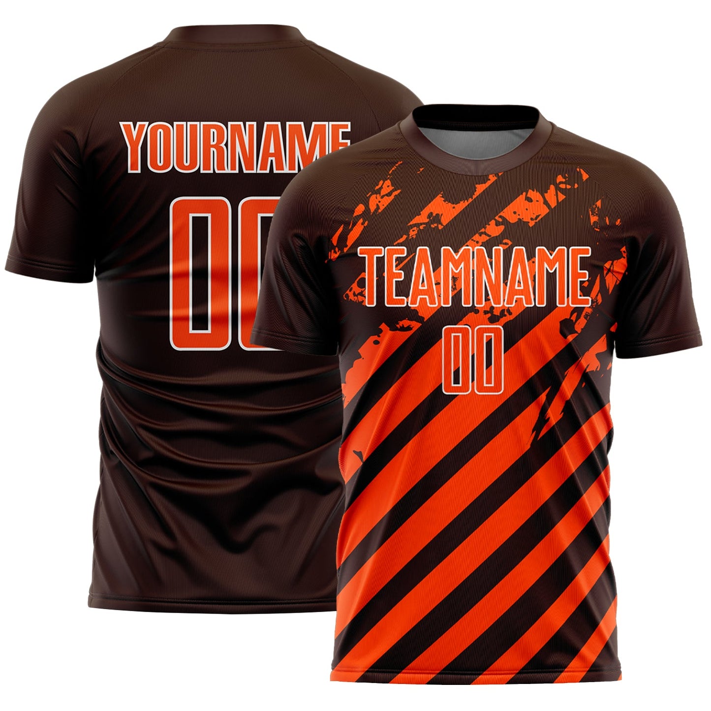 Custom Brown Orange-White Distressed Diagonal Stripe Pattern Sports Sublimation Soccer Uniform Jersey - Main View