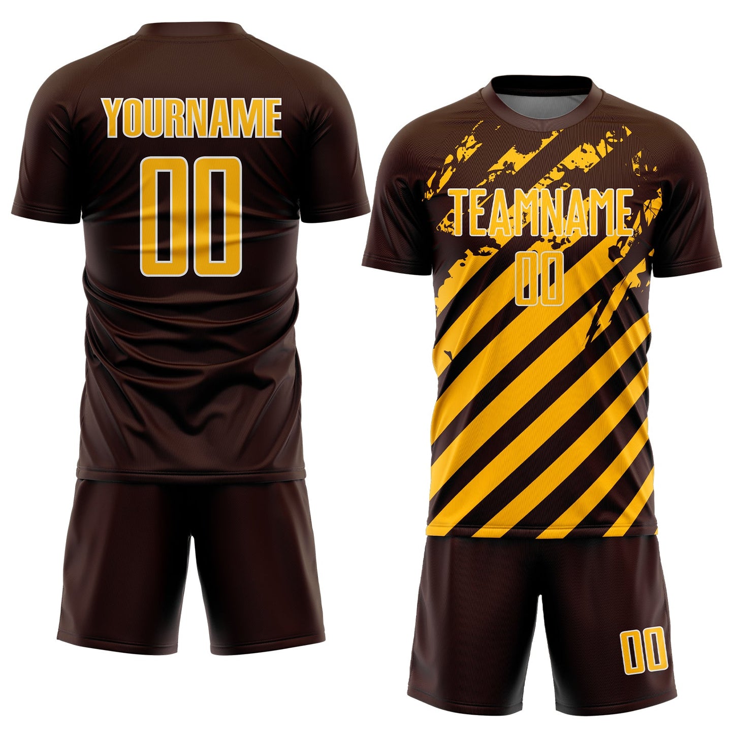 Custom Brown Gold-White Distressed Diagonal Stripe Pattern Sports Sublimation Soccer Uniform Jersey view 2