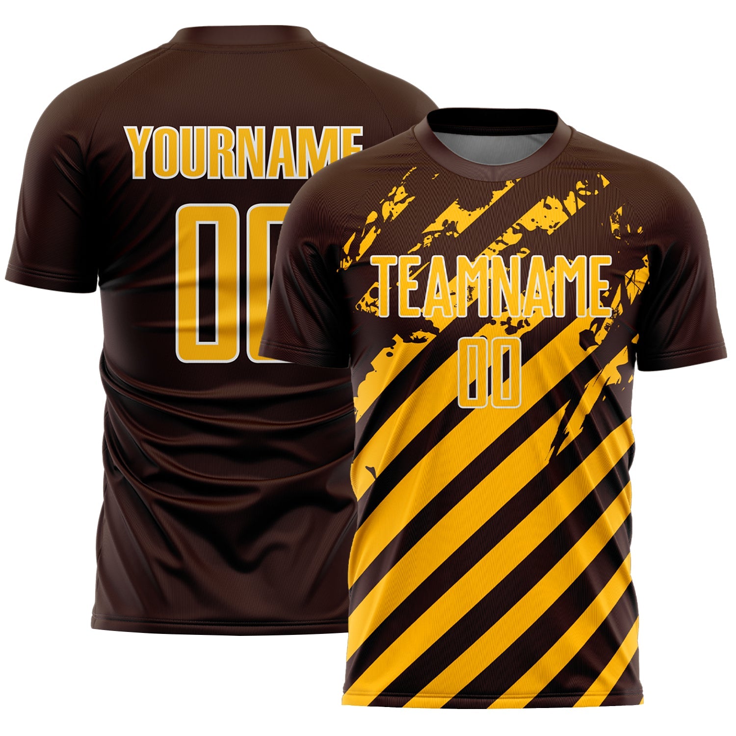 Custom Brown Gold-White Distressed Diagonal Stripe Pattern Sports Sublimation Soccer Uniform Jersey - Main View
