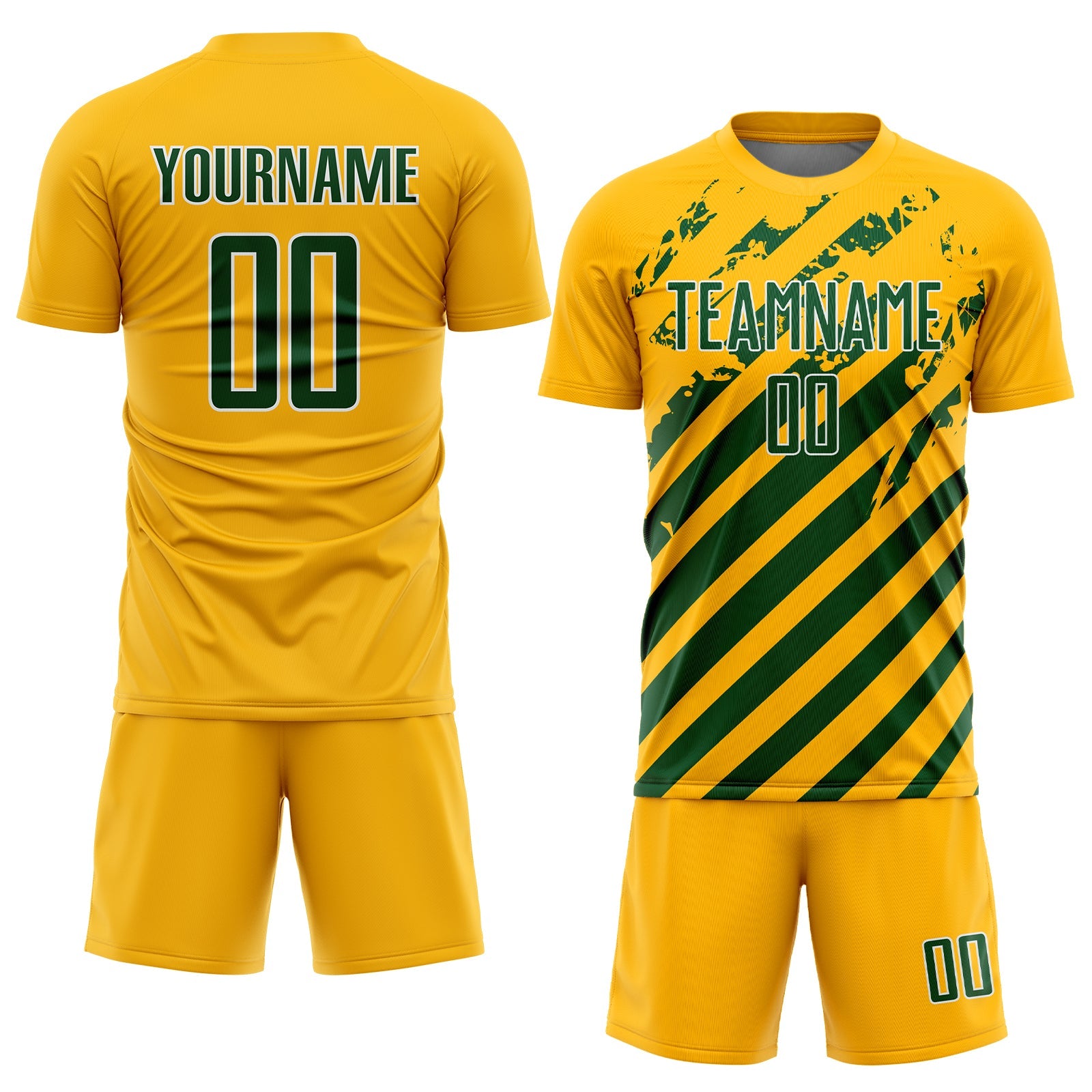 Custom Gold Green-White Distressed Diagonal Stripe Pattern Sports Sublimation Soccer Uniform Jersey view 2