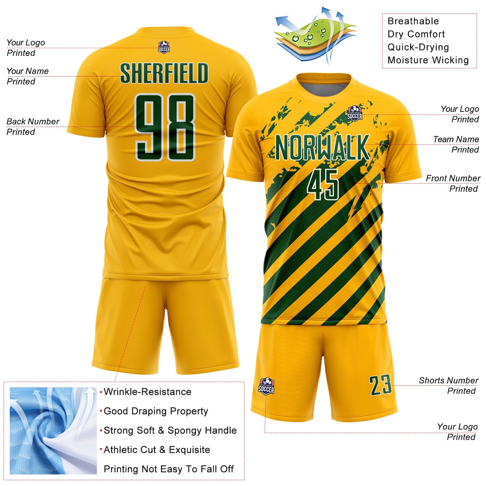 Custom Gold Green-White Distressed Diagonal Stripe Pattern Sports Sublimation Soccer Uniform Jersey view 4