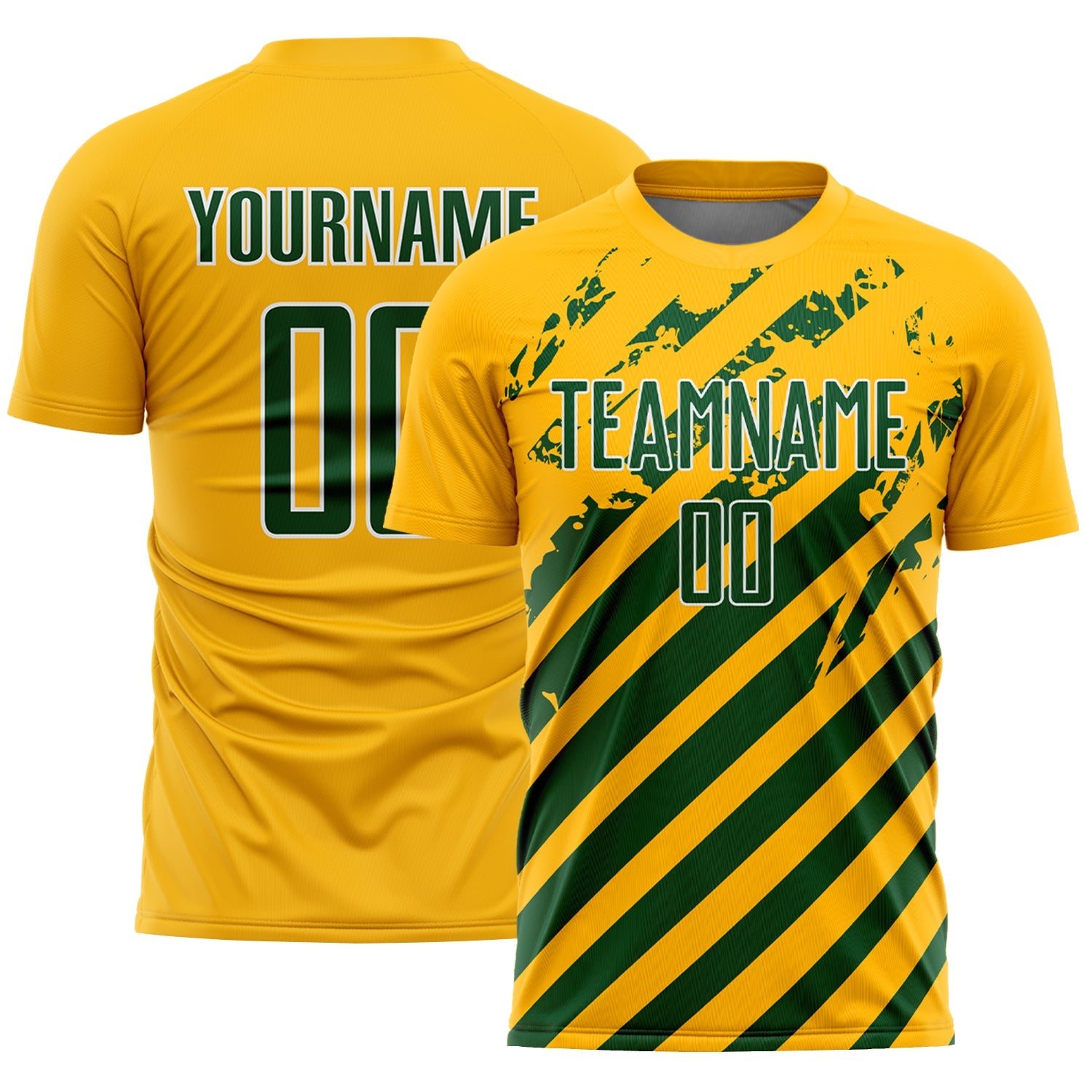 Custom Gold Green-White Distressed Diagonal Stripe Pattern Sports Sublimation Soccer Uniform Jersey - Main View