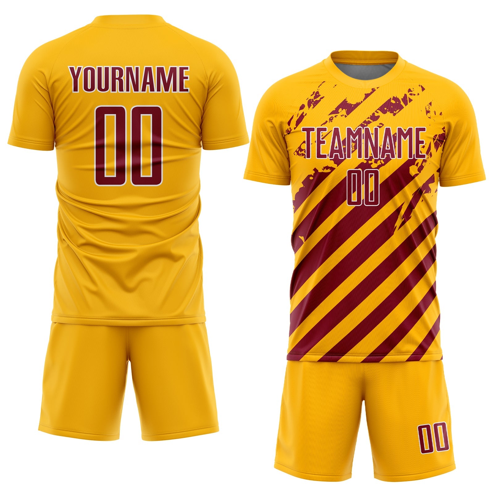 Custom Gold Crimson-White Distressed Diagonal Stripe Pattern Sports Sublimation Soccer Uniform Jersey view 2