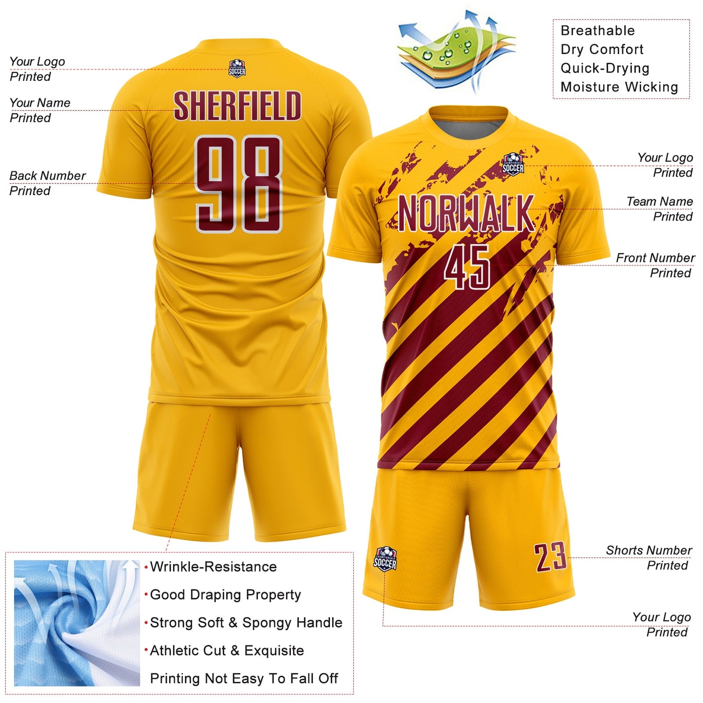Custom Gold Crimson-White Distressed Diagonal Stripe Pattern Sports Sublimation Soccer Uniform Jersey view 4