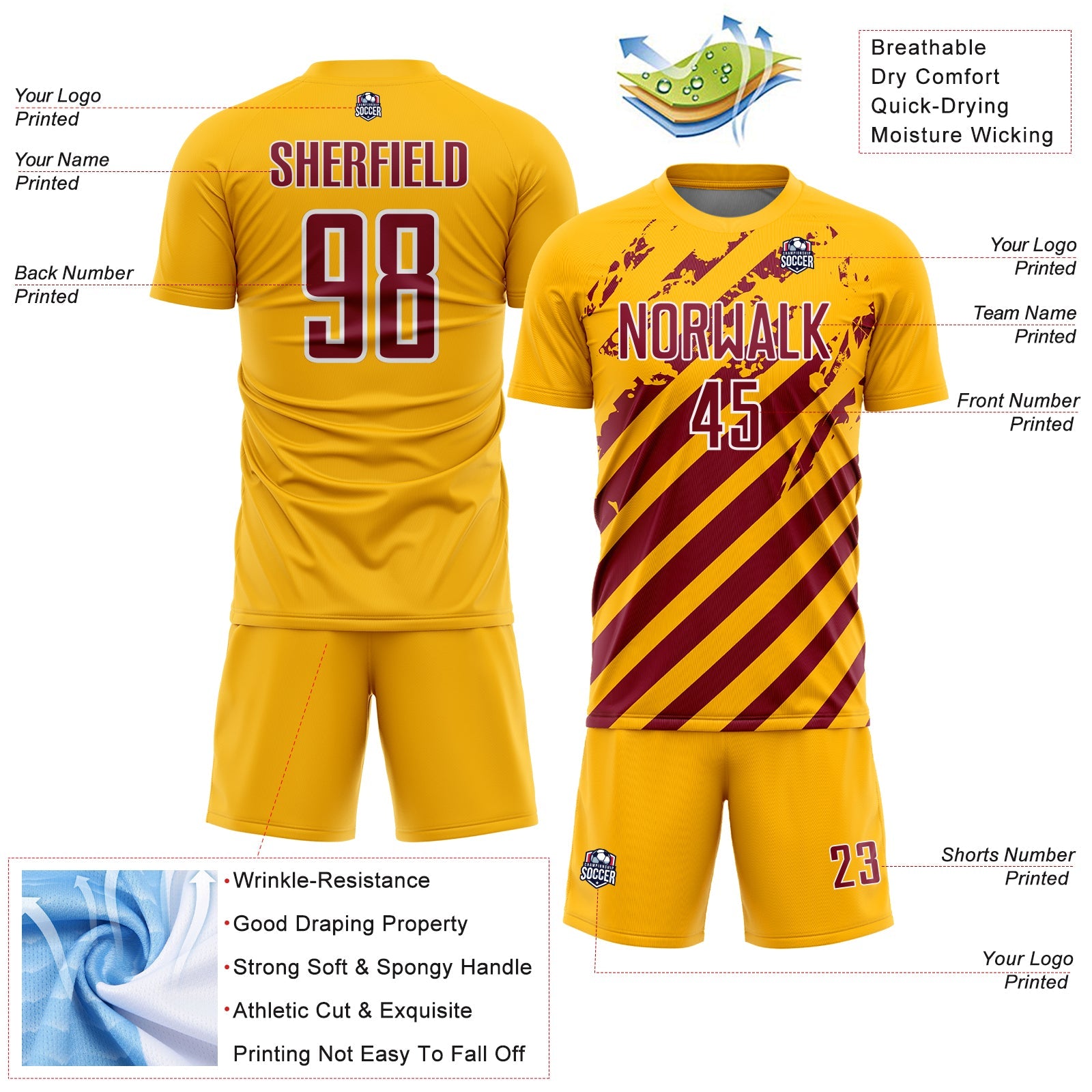 Custom Gold Crimson-White Distressed Diagonal Stripe Pattern Sports Sublimation Soccer Uniform Jersey view 4