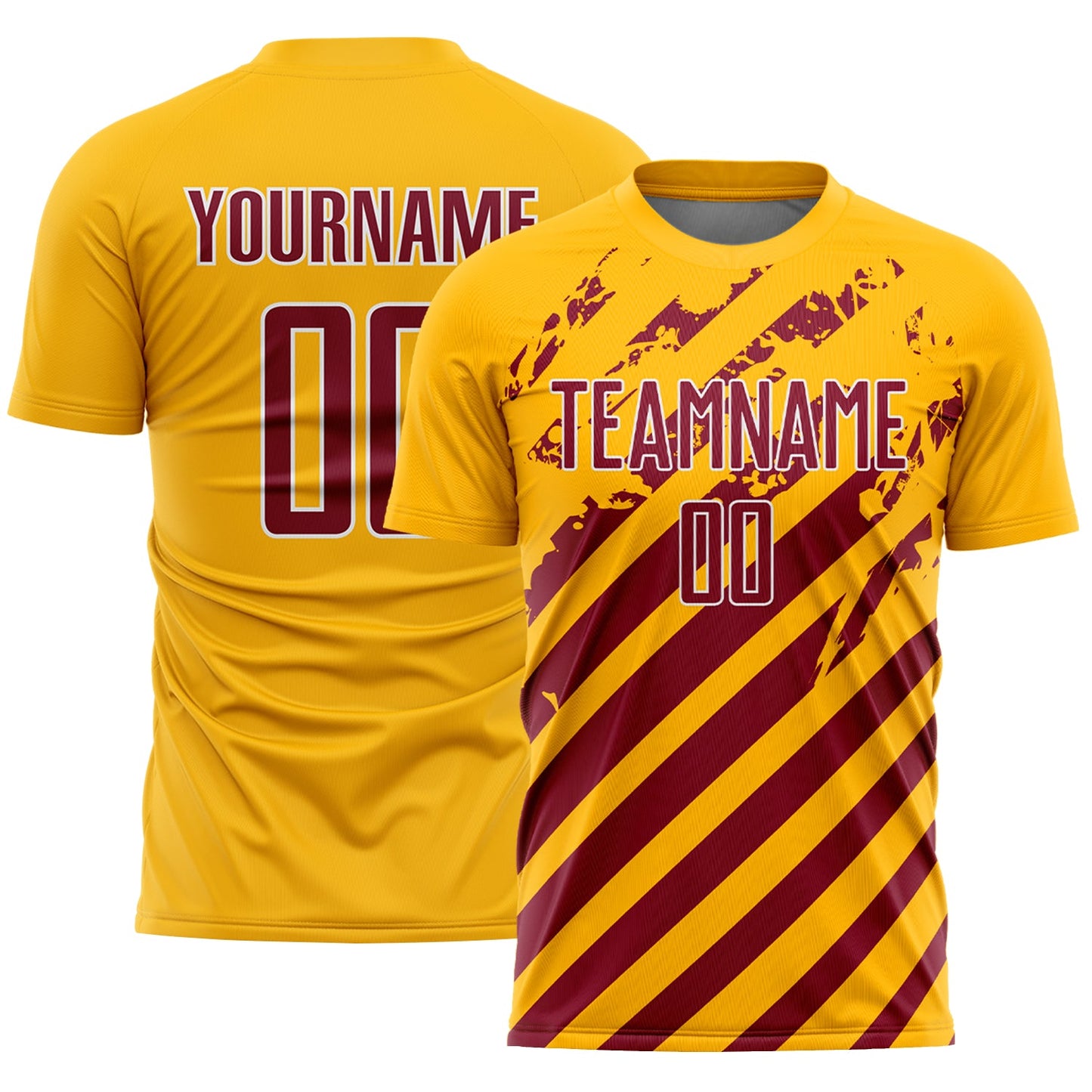 Custom Gold Crimson-White Distressed Diagonal Stripe Pattern Sports Sublimation Soccer Uniform Jersey - Main View