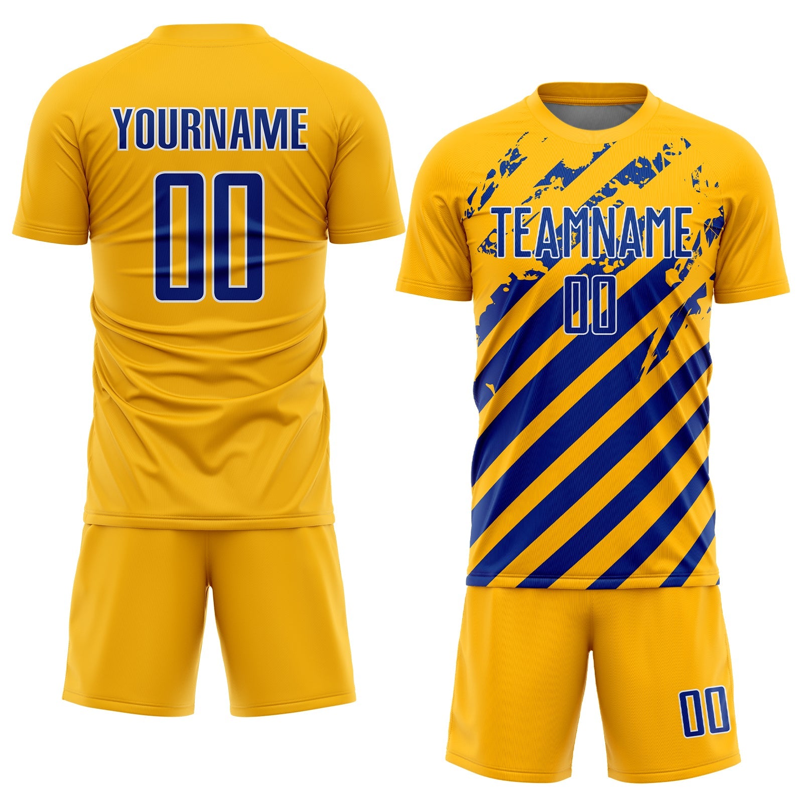 Custom Gold Royal-White Distressed Diagonal Stripe Pattern Sports Sublimation Soccer Uniform Jersey view 2