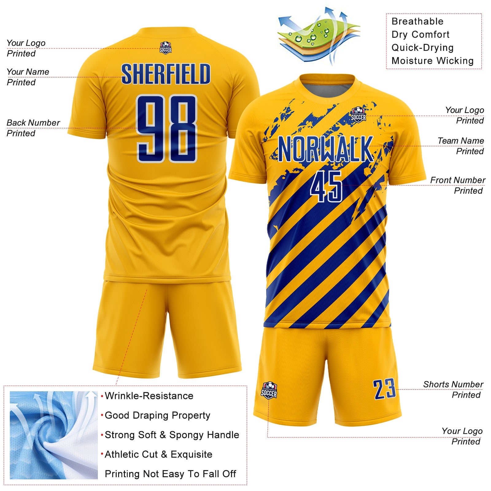 Custom Gold Royal-White Distressed Diagonal Stripe Pattern Sports Sublimation Soccer Uniform Jersey view 4