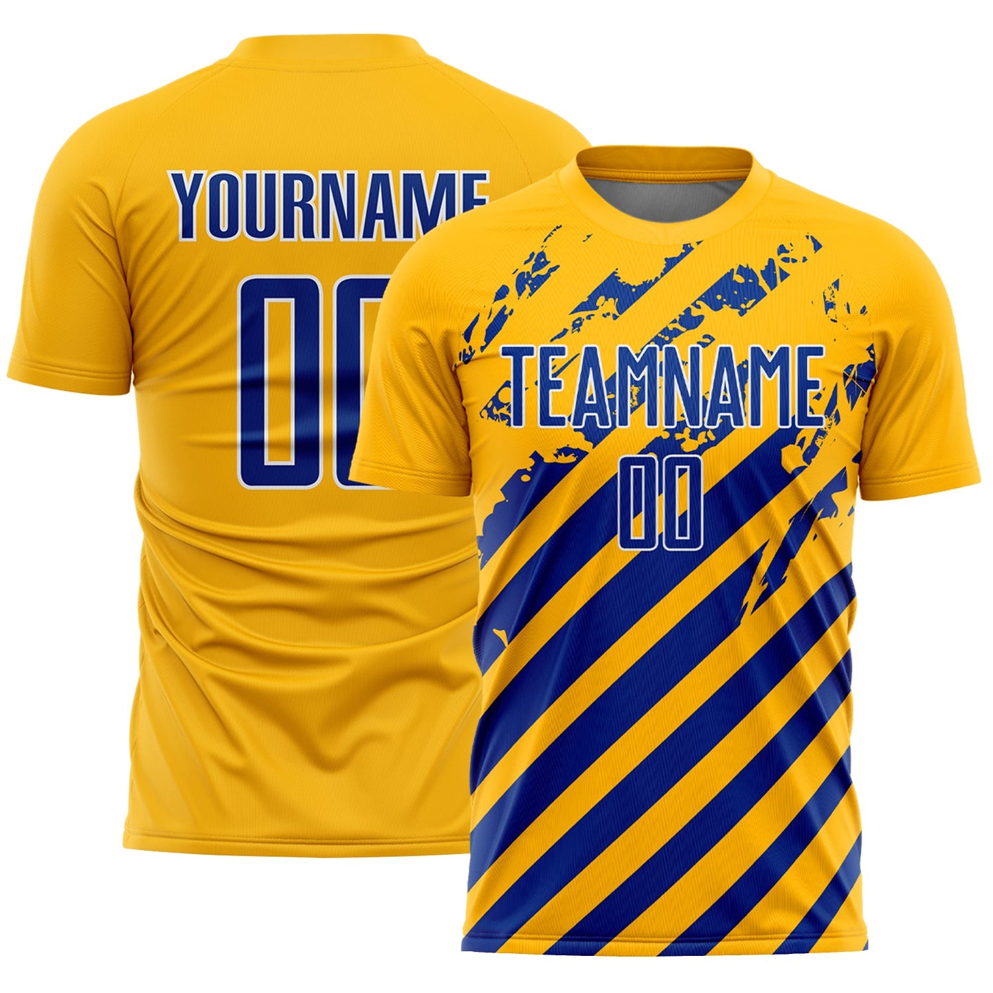 Custom Gold Royal-White Distressed Diagonal Stripe Pattern Sports Sublimation Soccer Uniform Jersey - Main View