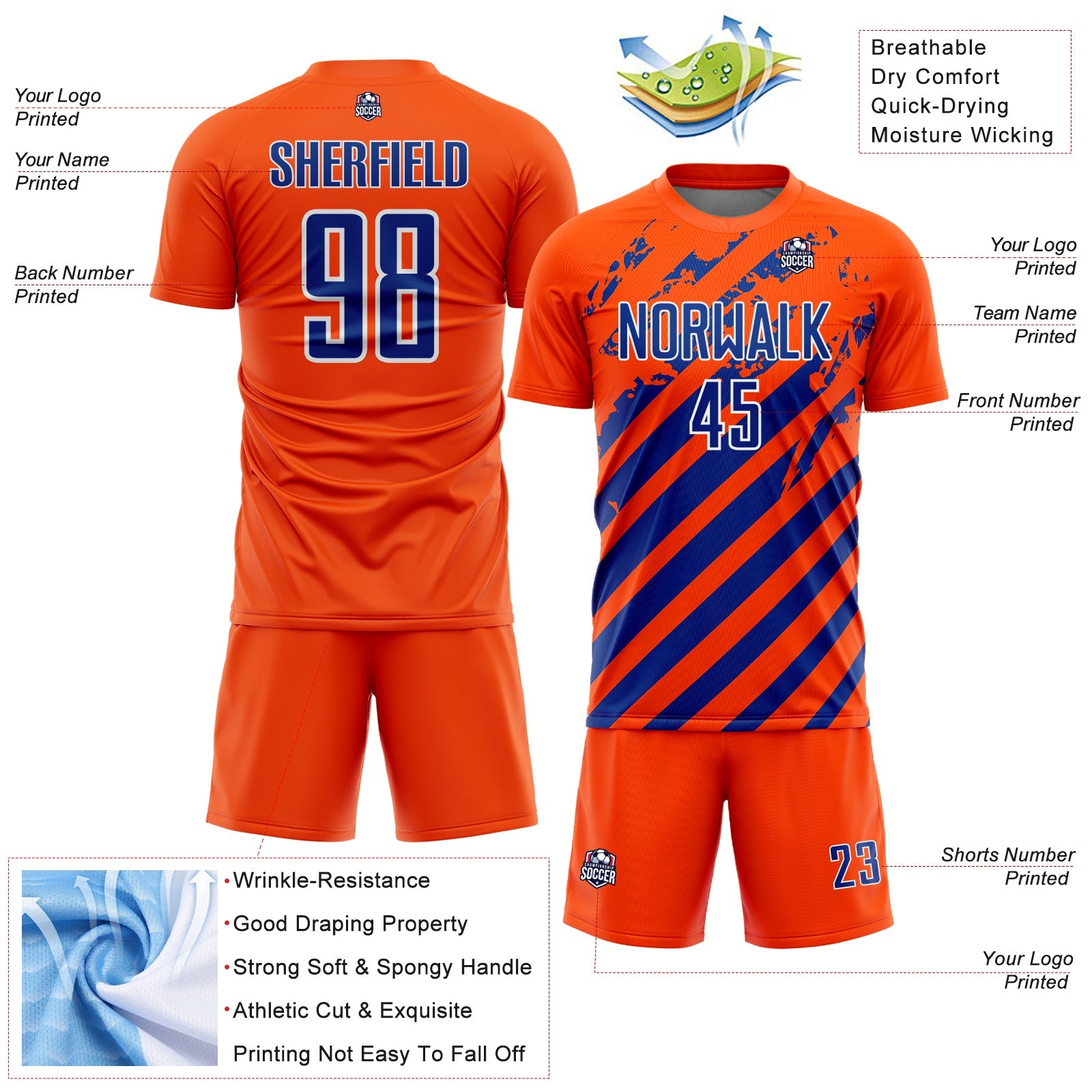 Custom Orange Royal-White Distressed Diagonal Stripe Pattern Sports Sublimation Soccer Uniform Jersey view 4