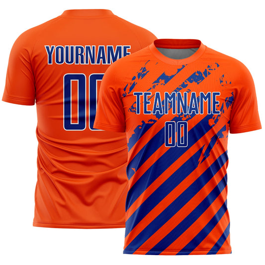 Custom Orange Royal-White Distressed Diagonal Stripe Pattern Sports Sublimation Soccer Uniform Jersey - Main View