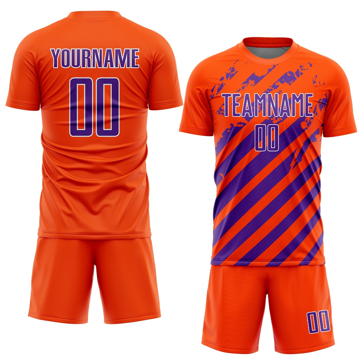 Custom Orange Purple-White Distressed Diagonal Stripe Pattern Sports Sublimation Soccer Uniform Jersey view 2
