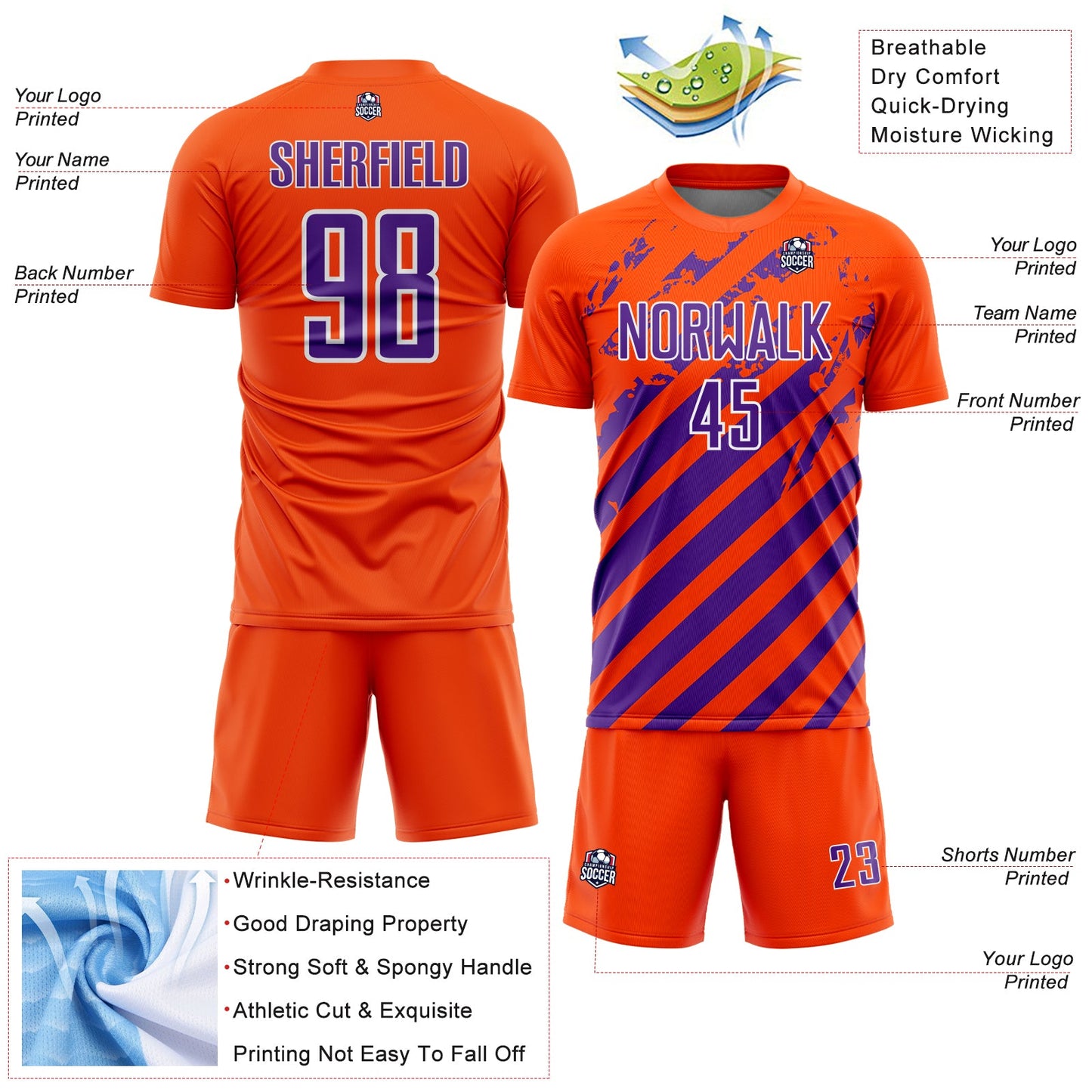 Custom Orange Purple-White Distressed Diagonal Stripe Pattern Sports Sublimation Soccer Uniform Jersey view 4