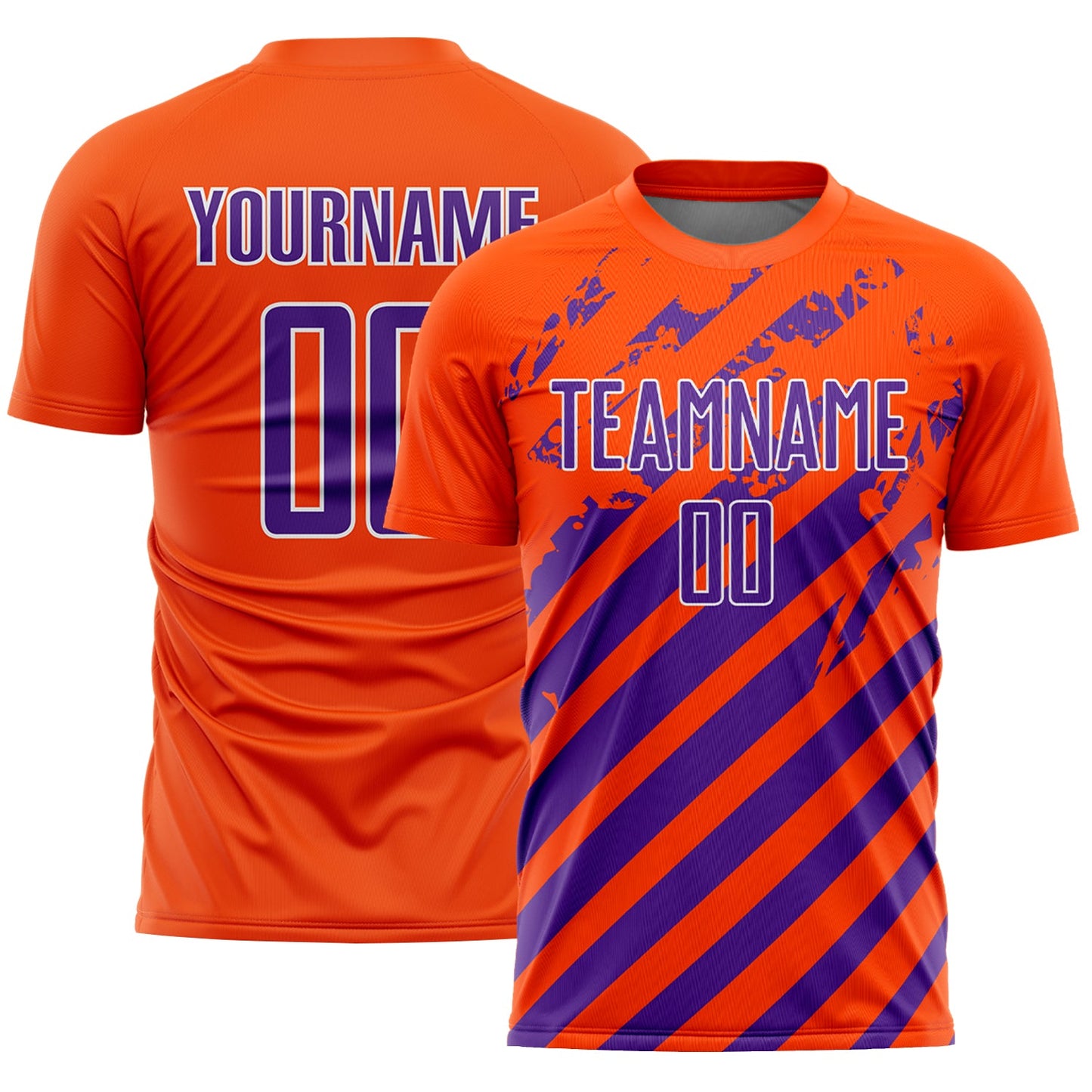 Custom Orange Purple-White Distressed Diagonal Stripe Pattern Sports Sublimation Soccer Uniform Jersey - Main View