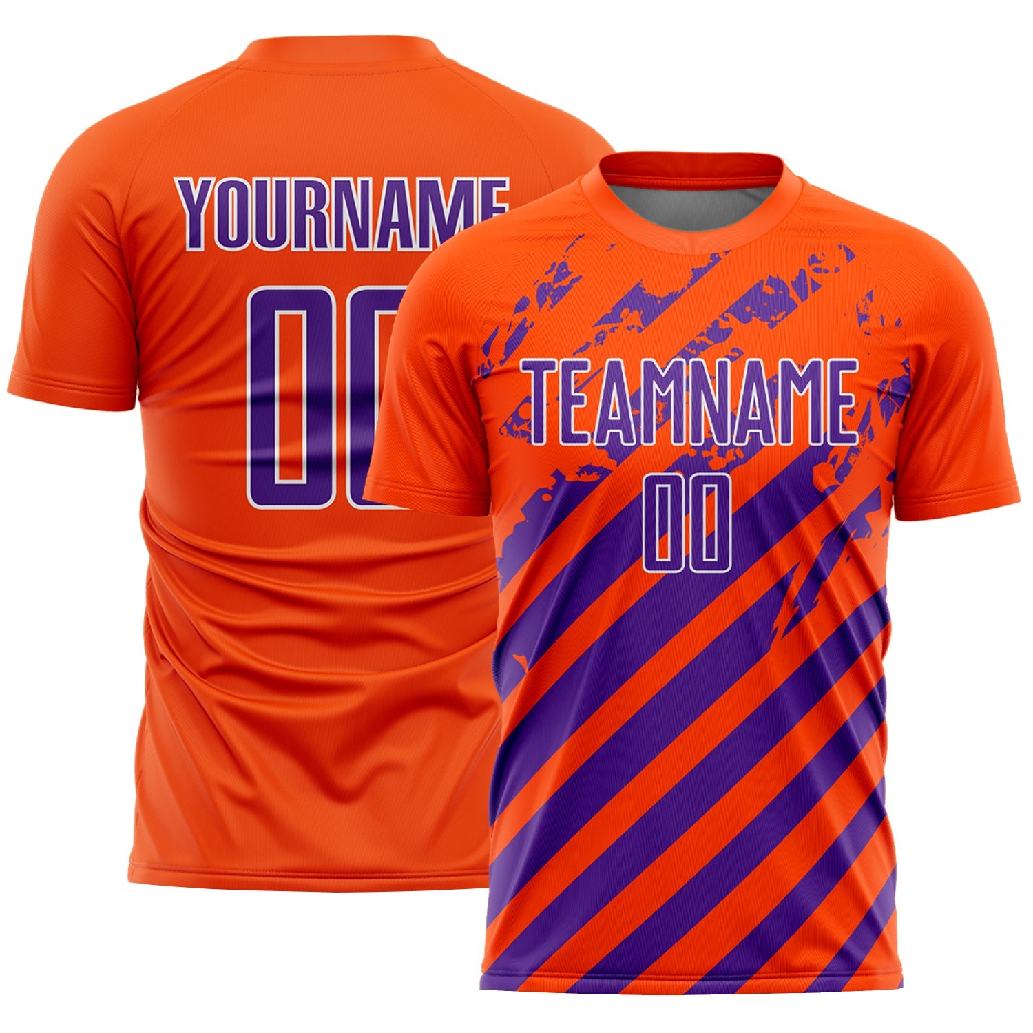 Custom Orange Purple-White Distressed Diagonal Stripe Pattern Sports Sublimation Soccer Uniform Jersey - Main View