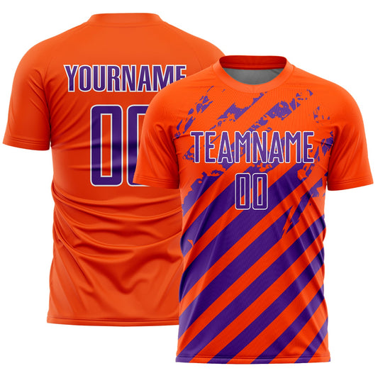Custom Orange Purple-White Distressed Diagonal Stripe Pattern Sports Sublimation Soccer Uniform Jersey - Main View