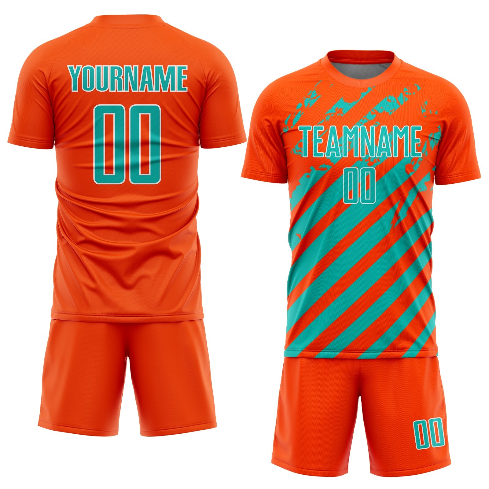 Custom Orange Aqua-White Distressed Diagonal Stripe Pattern Sports Sublimation Soccer Uniform Jersey view 2