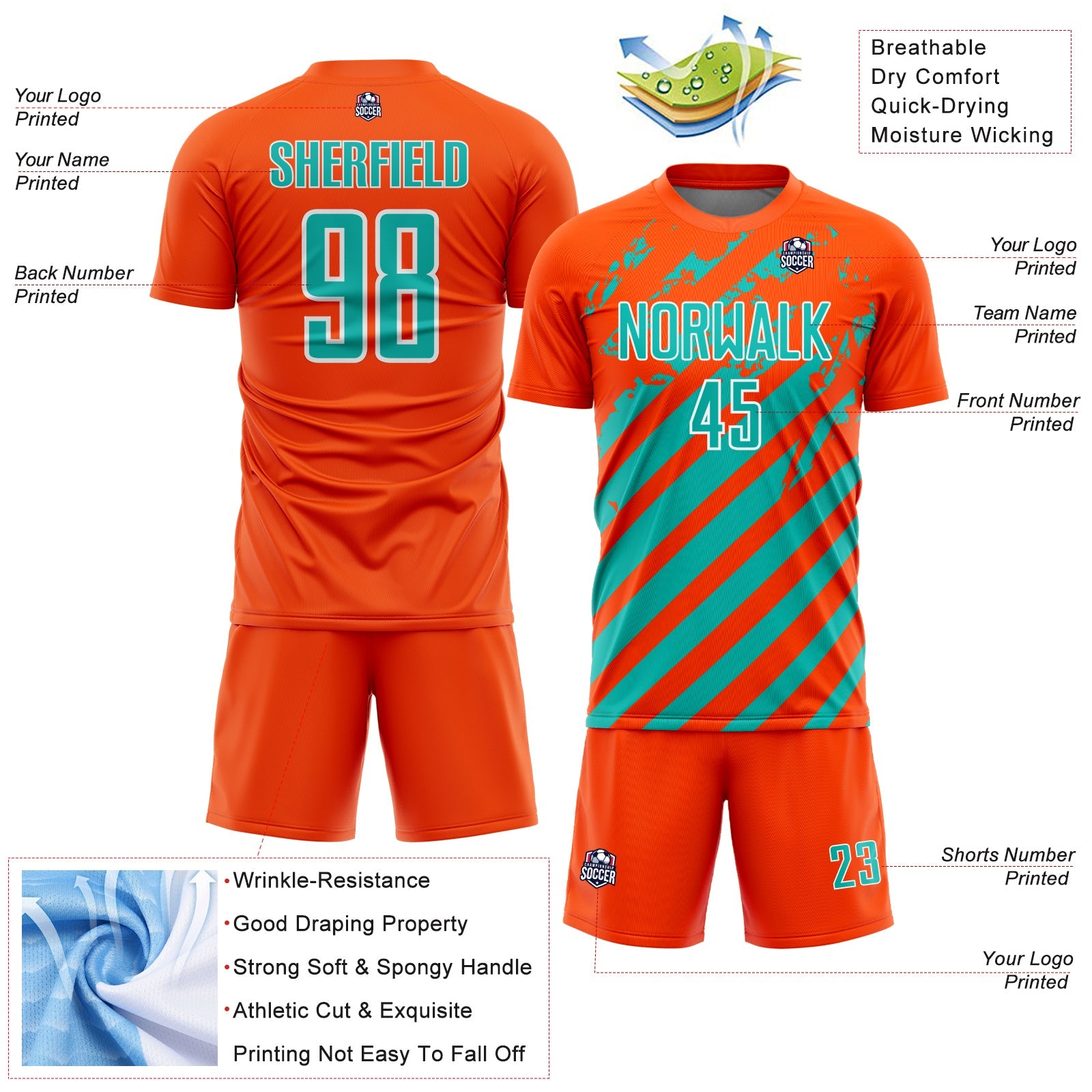 Custom Orange Aqua-White Distressed Diagonal Stripe Pattern Sports Sublimation Soccer Uniform Jersey view 4