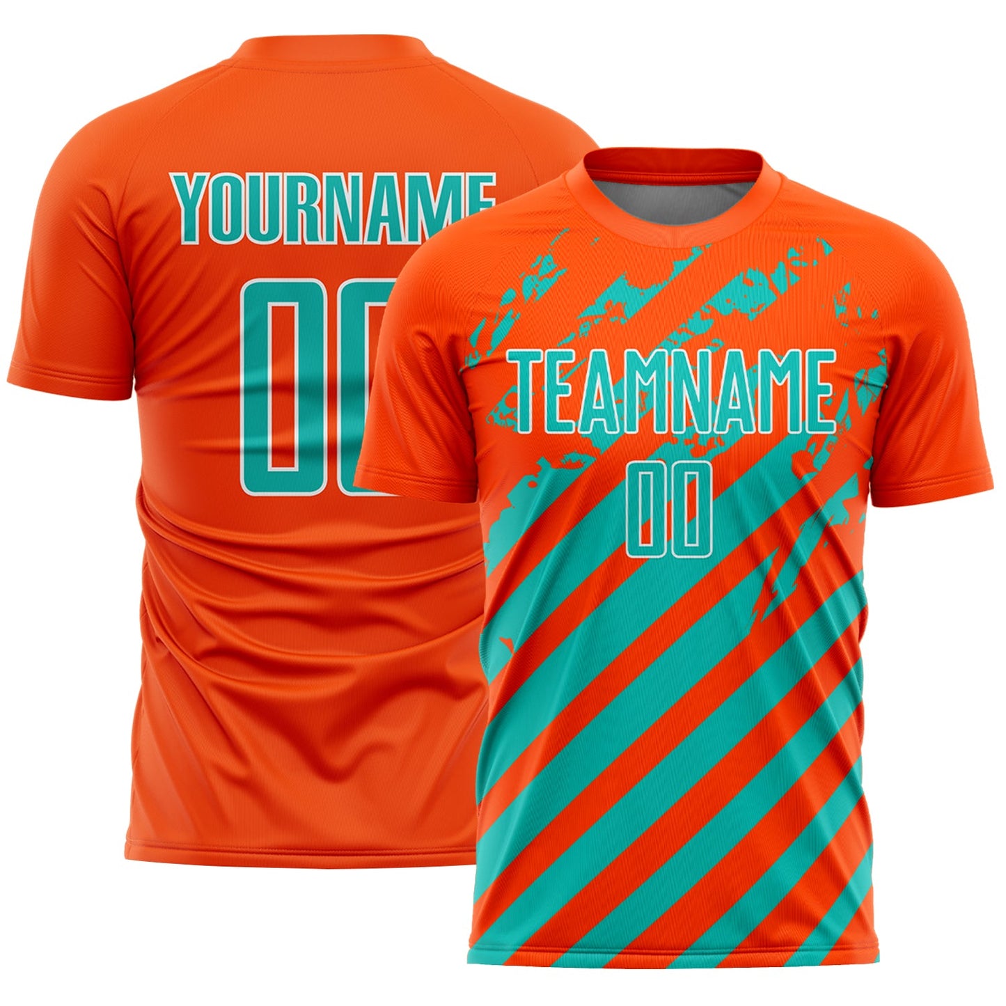 Custom Orange Aqua-White Distressed Diagonal Stripe Pattern Sports Sublimation Soccer Uniform Jersey - Main View
