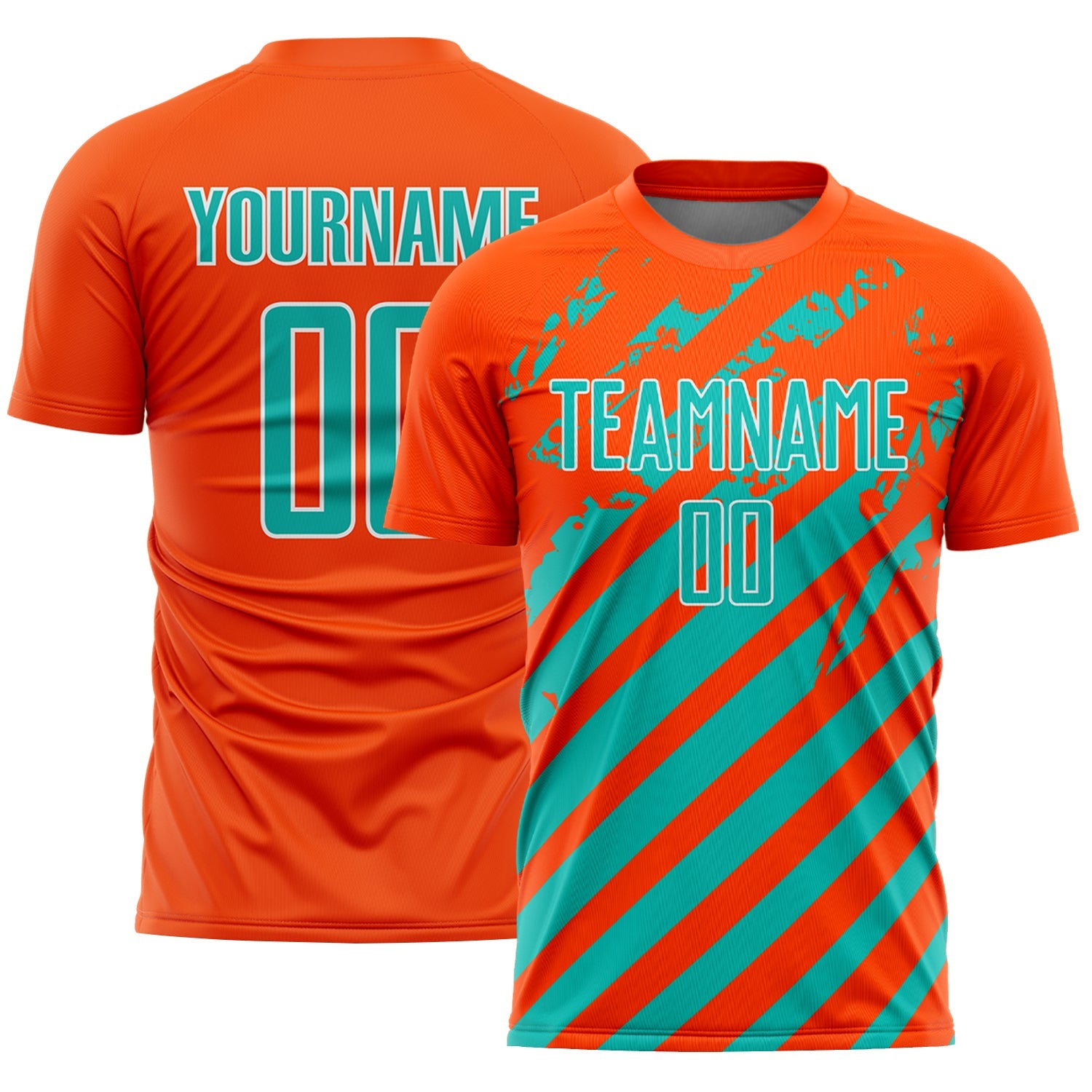 Custom Orange Aqua-White Distressed Diagonal Stripe Pattern Sports Sublimation Soccer Uniform Jersey - Main View
