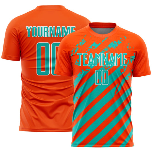 Custom Orange Aqua-White Distressed Diagonal Stripe Pattern Sports Sublimation Soccer Uniform Jersey - Main View