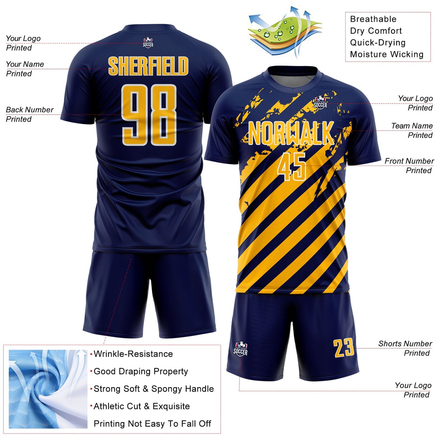 Custom Navy Gold-White Distressed Diagonal Stripe Pattern Sports Sublimation Soccer Uniform Jersey view 4