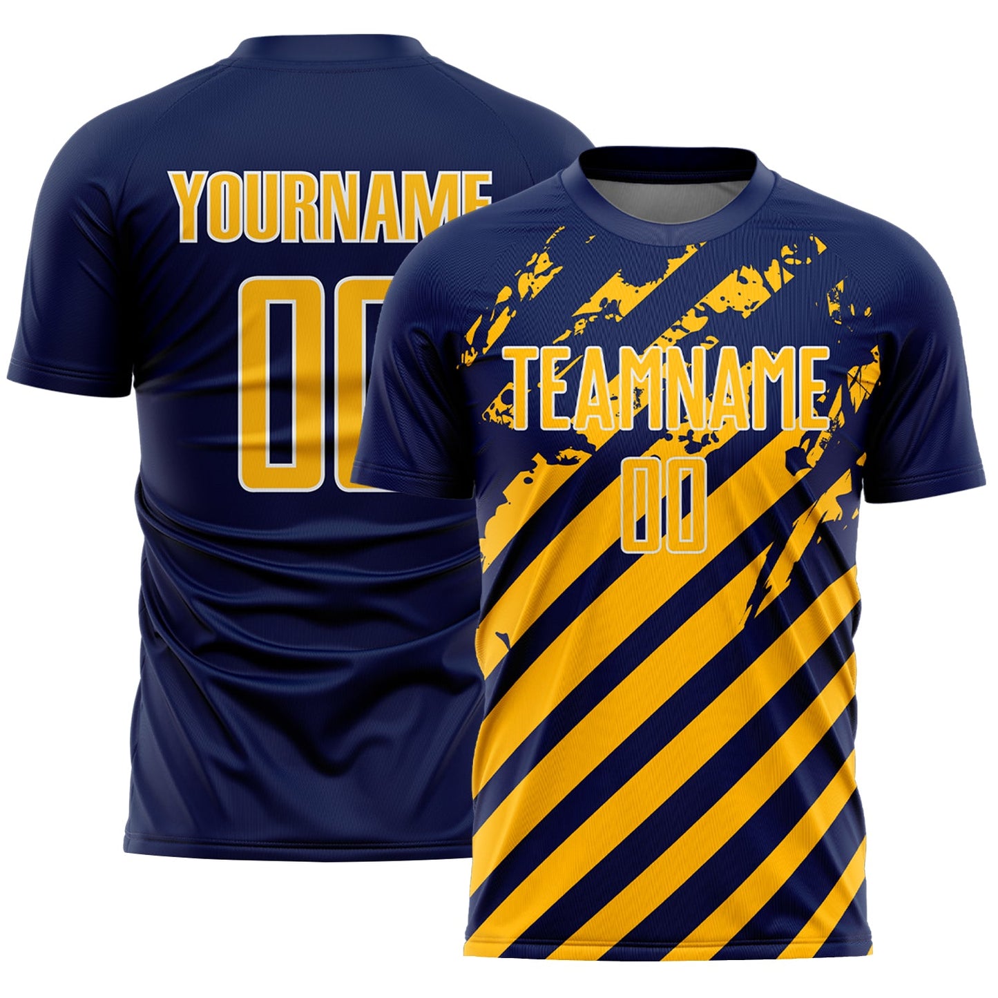Custom Navy Gold-White Distressed Diagonal Stripe Pattern Sports Sublimation Soccer Uniform Jersey - Main View