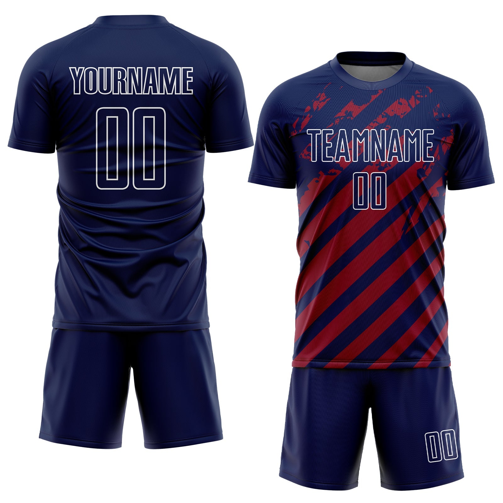 Custom Navy White-Red Distressed Diagonal Stripe Pattern Sports Sublimation Soccer Uniform Jersey view 2