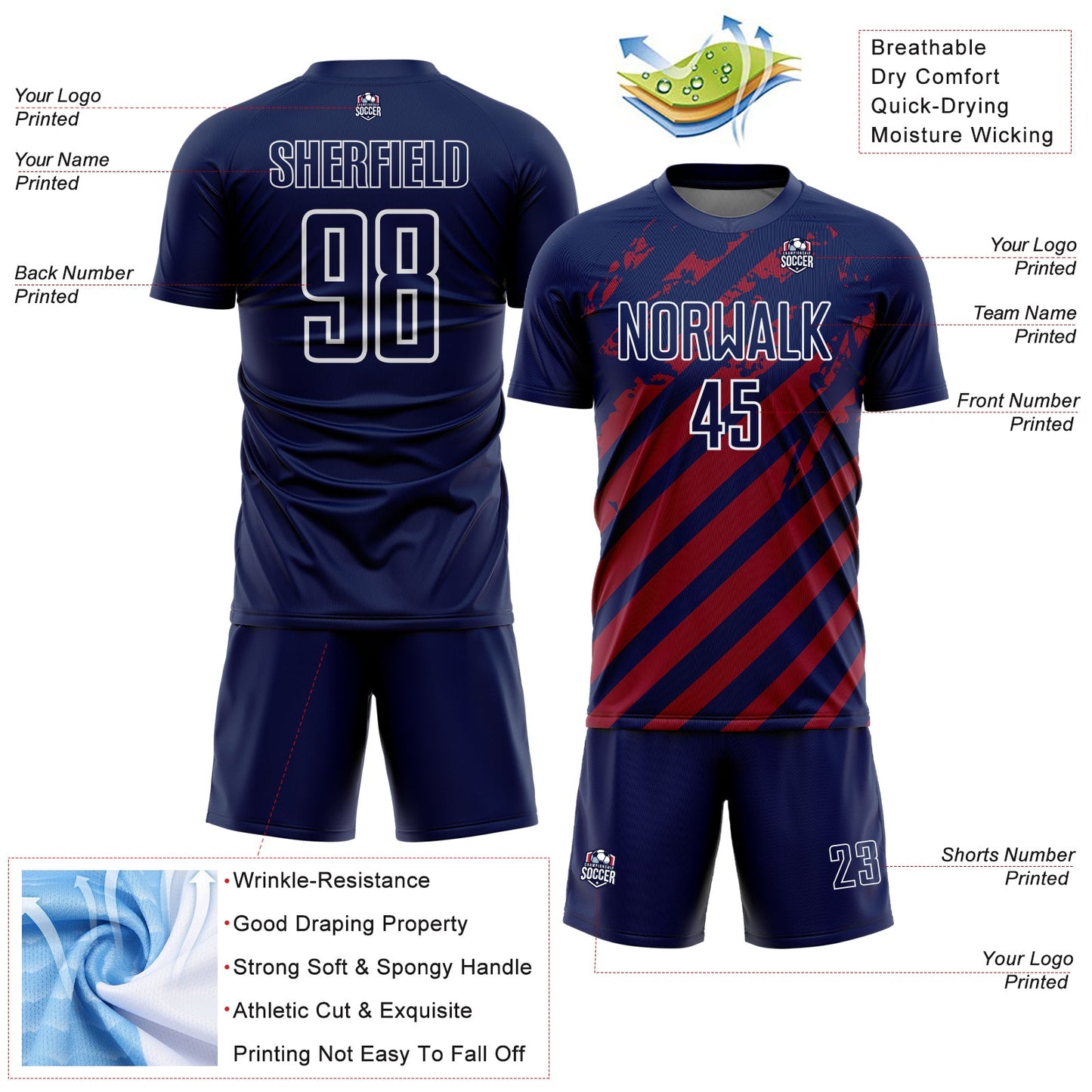 Custom Navy White-Red Distressed Diagonal Stripe Pattern Sports Sublimation Soccer Uniform Jersey view 4