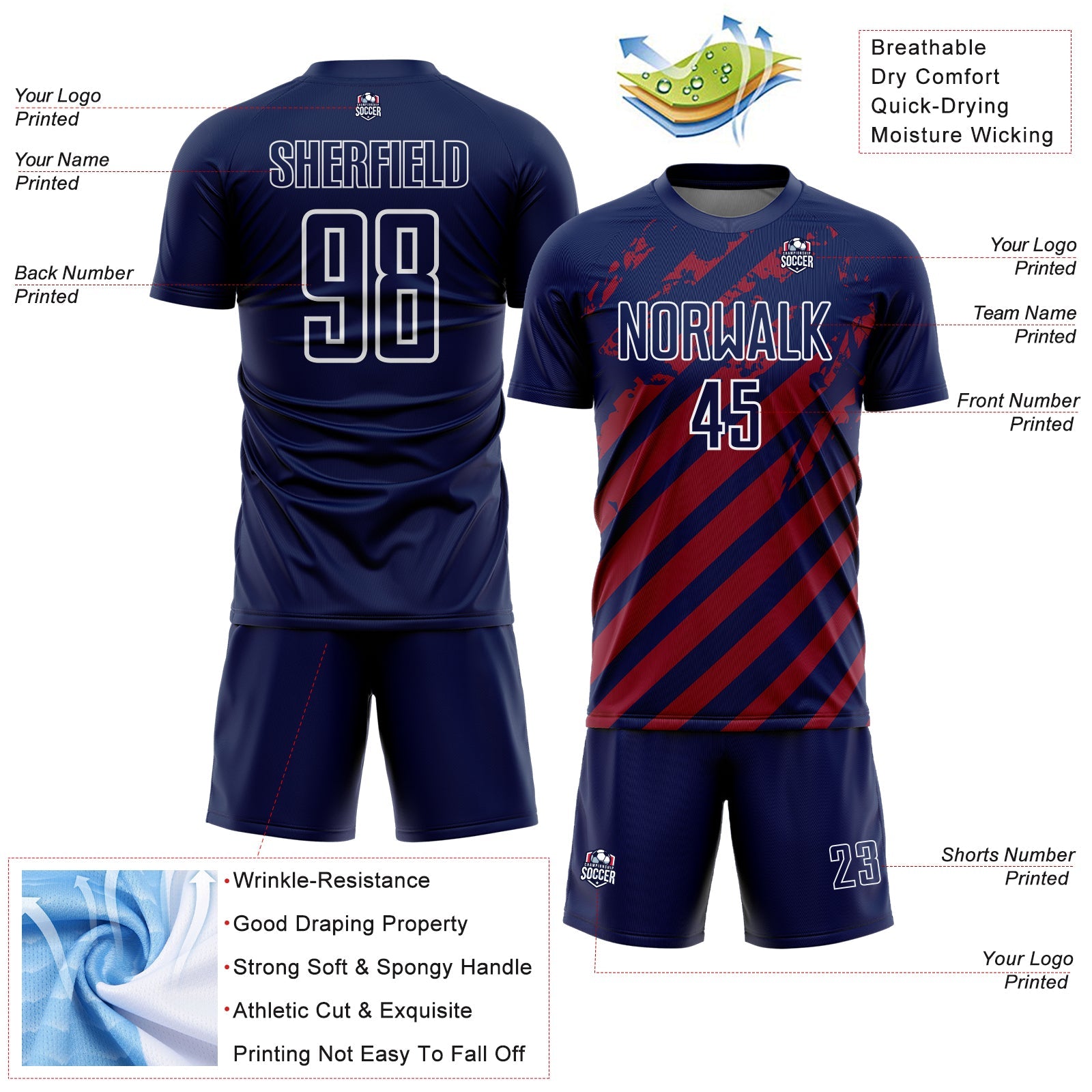Custom Navy White-Red Distressed Diagonal Stripe Pattern Sports Sublimation Soccer Uniform Jersey view 4