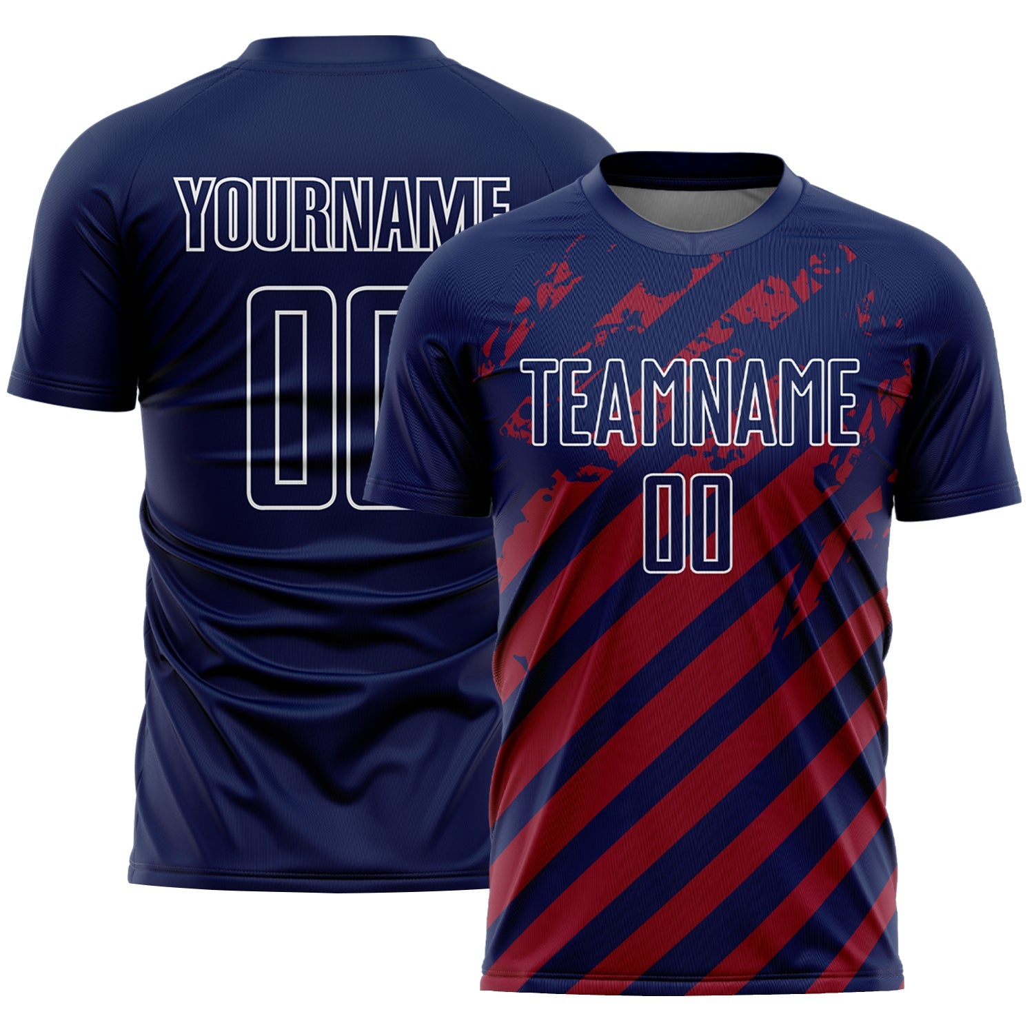 Custom Navy White-Red Distressed Diagonal Stripe Pattern Sports Sublimation Soccer Uniform Jersey - Main View