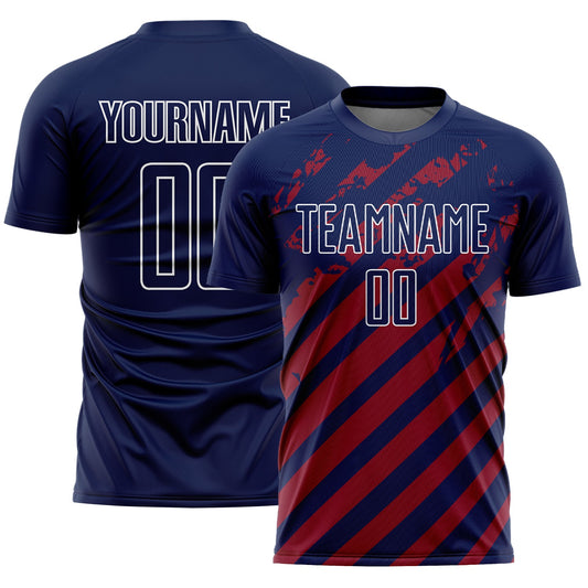 Custom Navy White-Red Distressed Diagonal Stripe Pattern Sports Sublimation Soccer Uniform Jersey - Main View