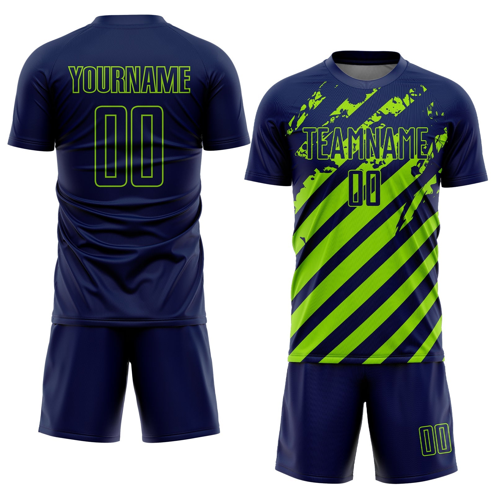 Custom Navy Neon Green Distressed Diagonal Stripe Pattern Sports Sublimation Soccer Uniform Jersey view 2