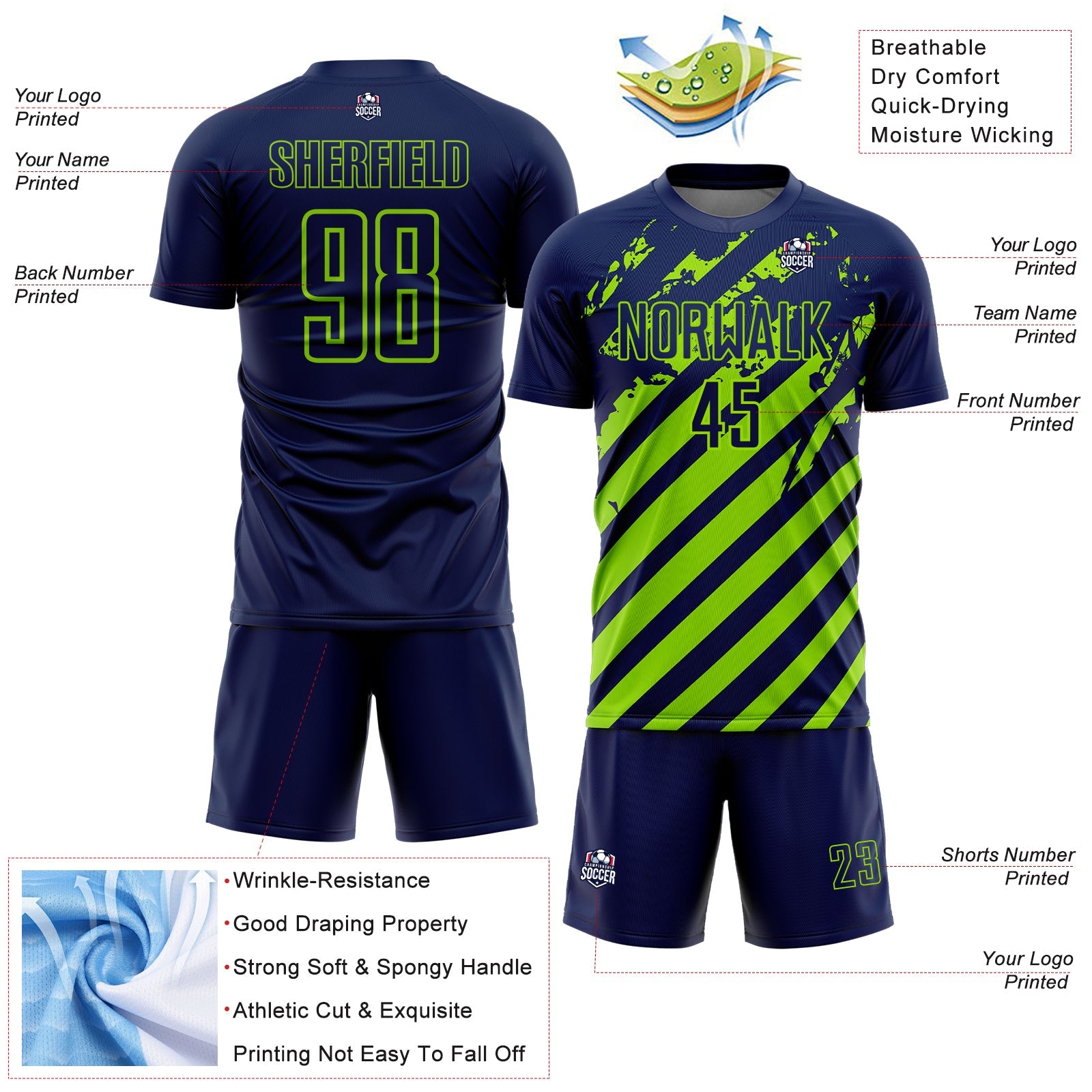 Custom Navy Neon Green Distressed Diagonal Stripe Pattern Sports Sublimation Soccer Uniform Jersey view 4