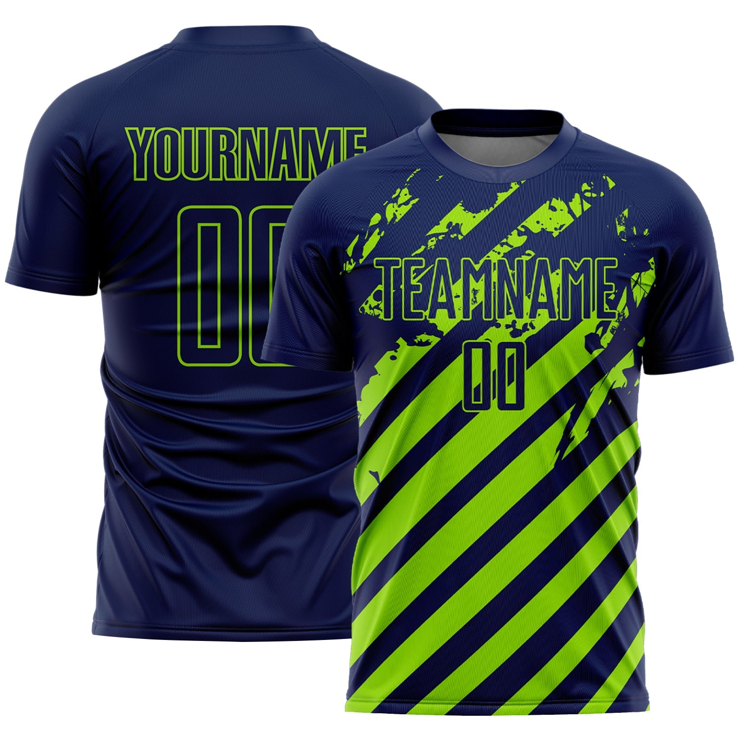 Custom Navy Neon Green Distressed Diagonal Stripe Pattern Sports Sublimation Soccer Uniform Jersey - Main View