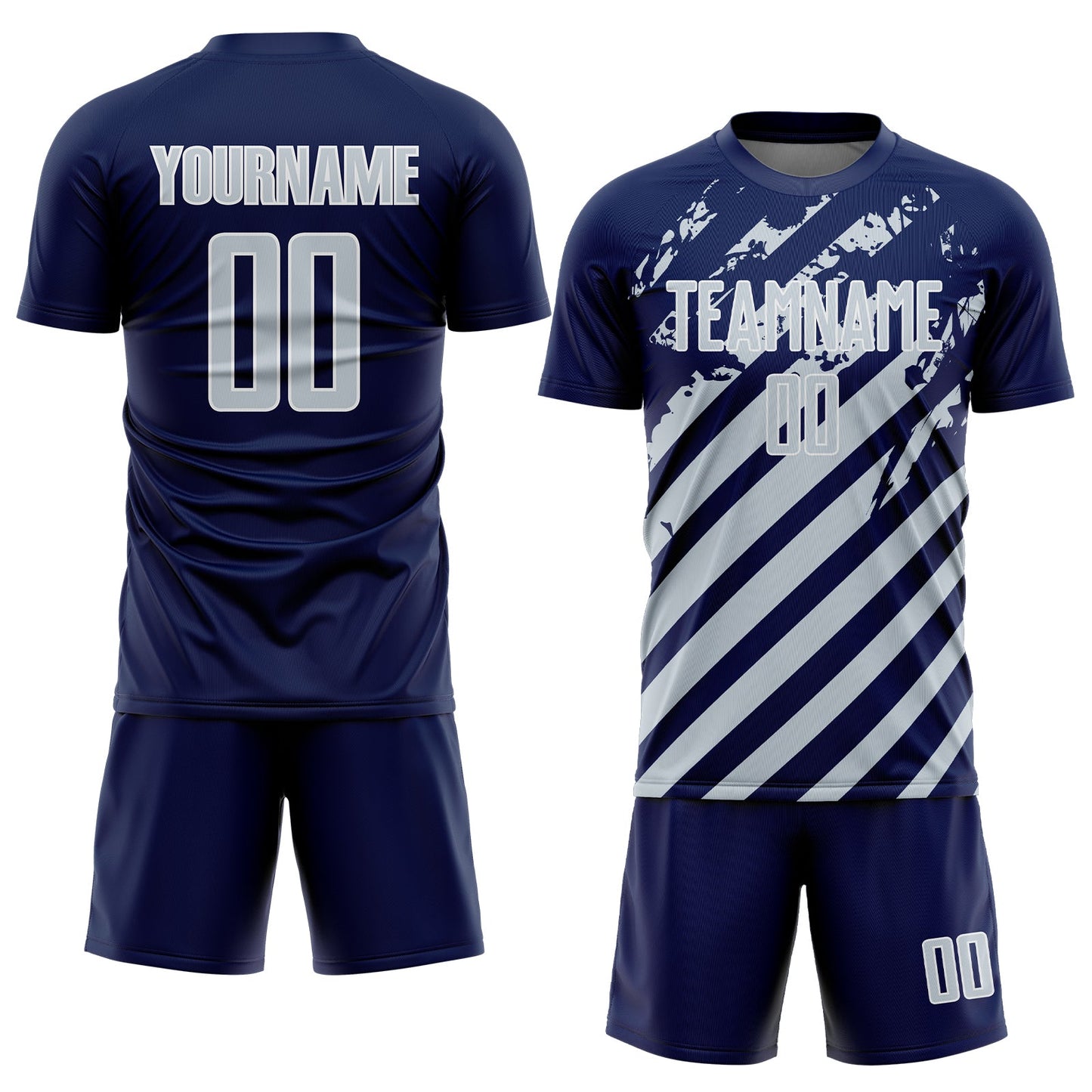 Custom Navy Silver-White Distressed Diagonal Stripe Pattern Sports Sublimation Soccer Uniform Jersey view 2