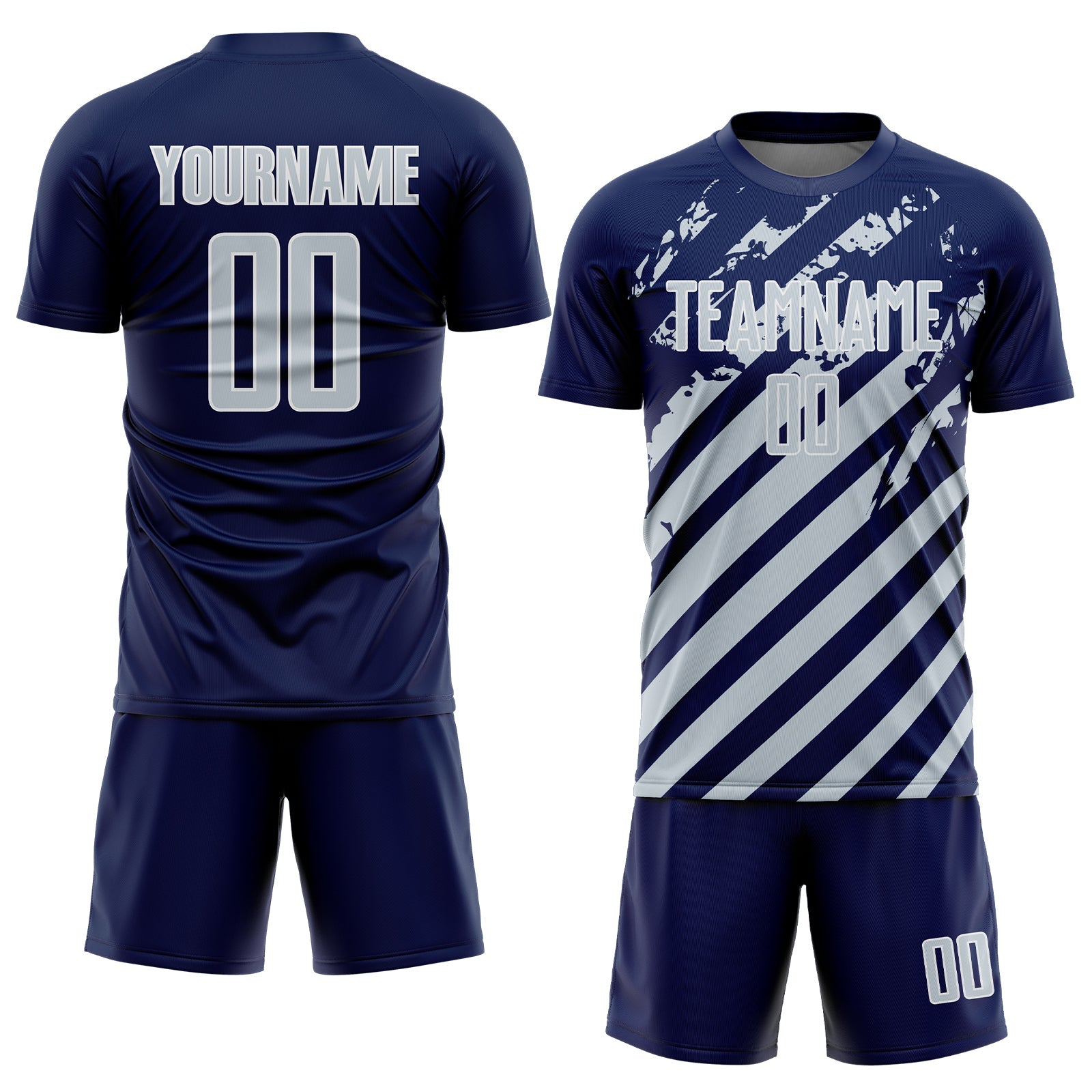 Custom Navy Silver-White Distressed Diagonal Stripe Pattern Sports Sublimation Soccer Uniform Jersey view 2