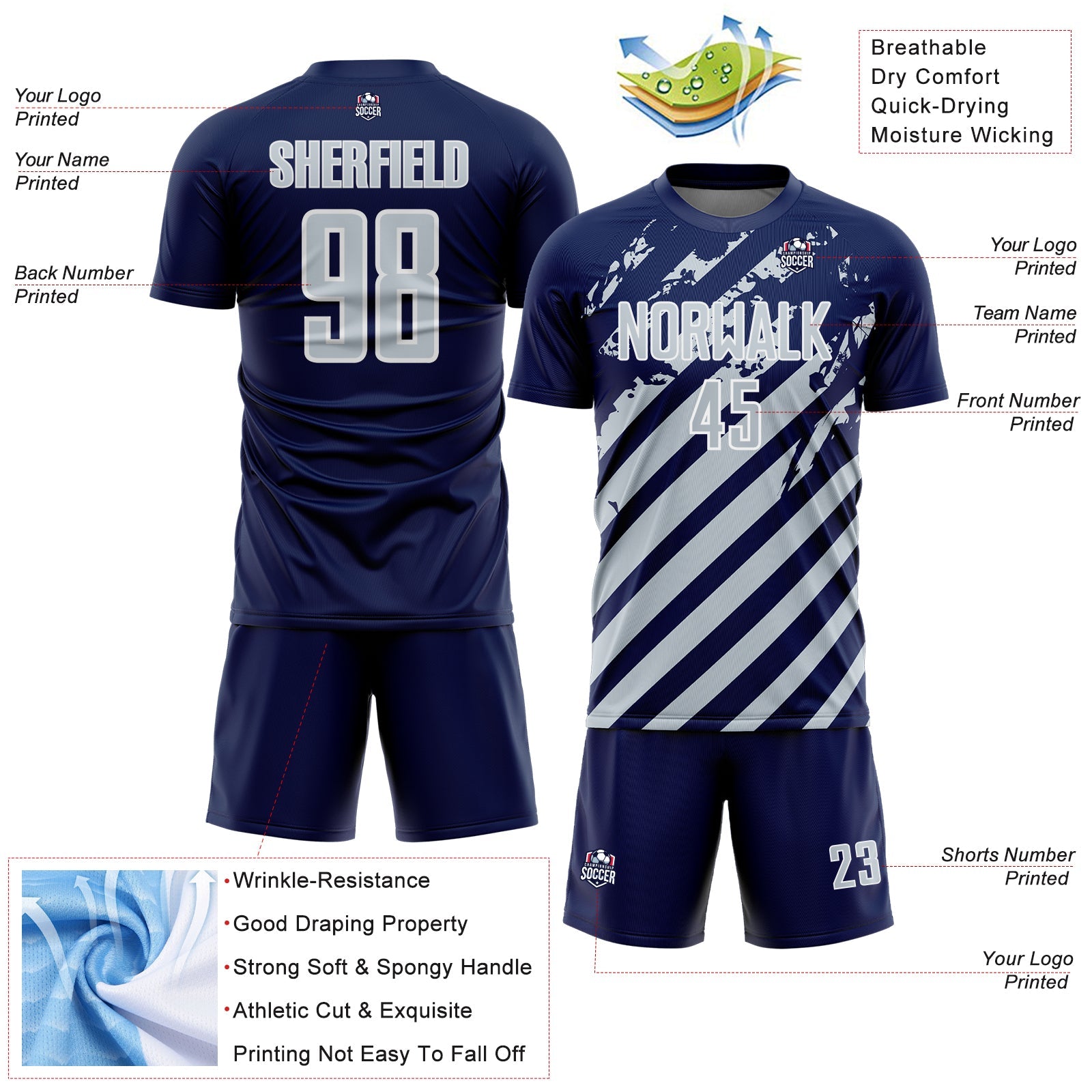 Custom Navy Silver-White Distressed Diagonal Stripe Pattern Sports Sublimation Soccer Uniform Jersey view 4