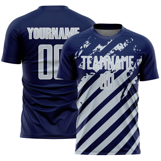 Custom Navy Silver-White Distressed Diagonal Stripe Pattern Sports Sublimation Soccer Uniform Jersey - Main View