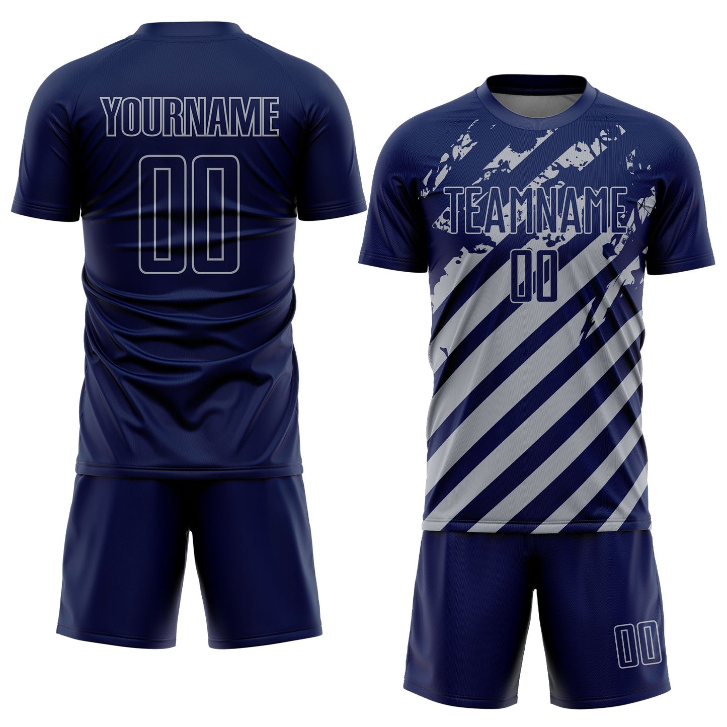 Custom Navy Gray Distressed Diagonal Stripe Pattern Sports Sublimation Soccer Uniform Jersey view 2