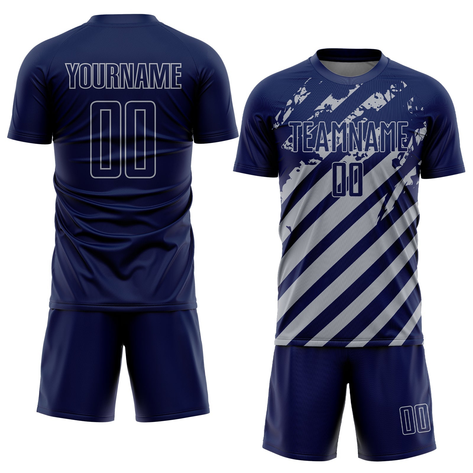 Custom Navy Gray Distressed Diagonal Stripe Pattern Sports Sublimation Soccer Uniform Jersey view 2