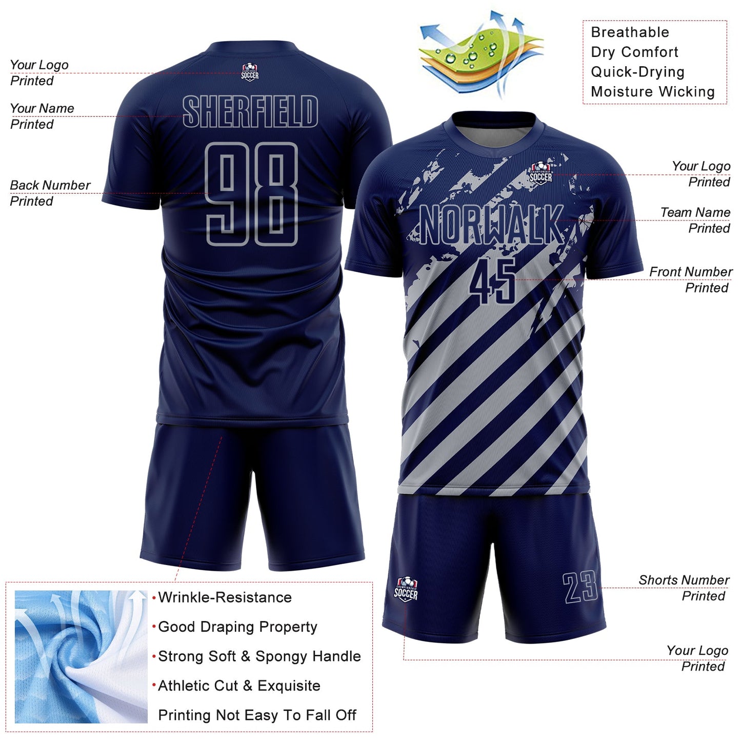 Custom Navy Gray Distressed Diagonal Stripe Pattern Sports Sublimation Soccer Uniform Jersey view 4