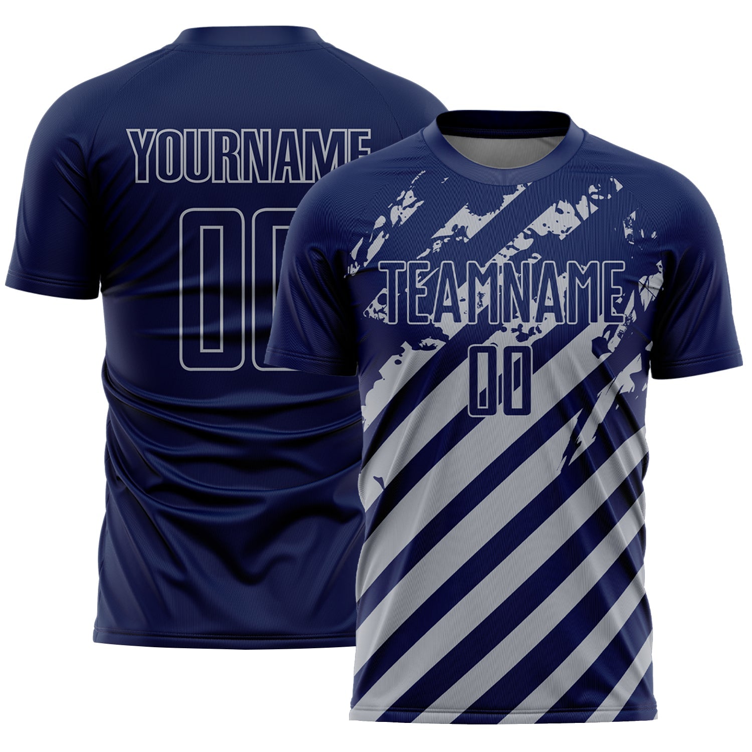 Custom Navy Gray Distressed Diagonal Stripe Pattern Sports Sublimation Soccer Uniform Jersey - Main View
