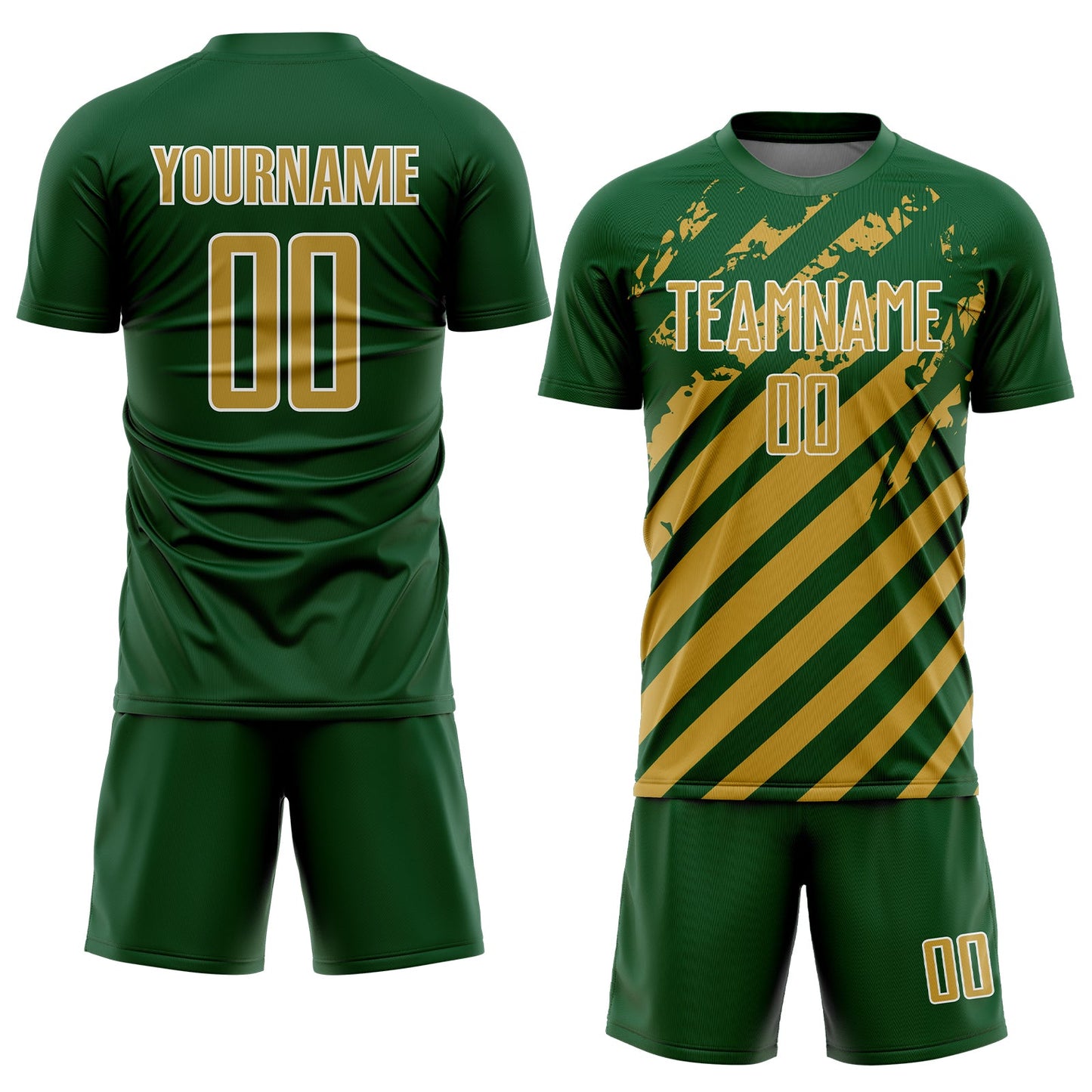 Custom Green Old Gold-White Distressed Diagonal Stripe Pattern Sports Sublimation Soccer Uniform Jersey view 2