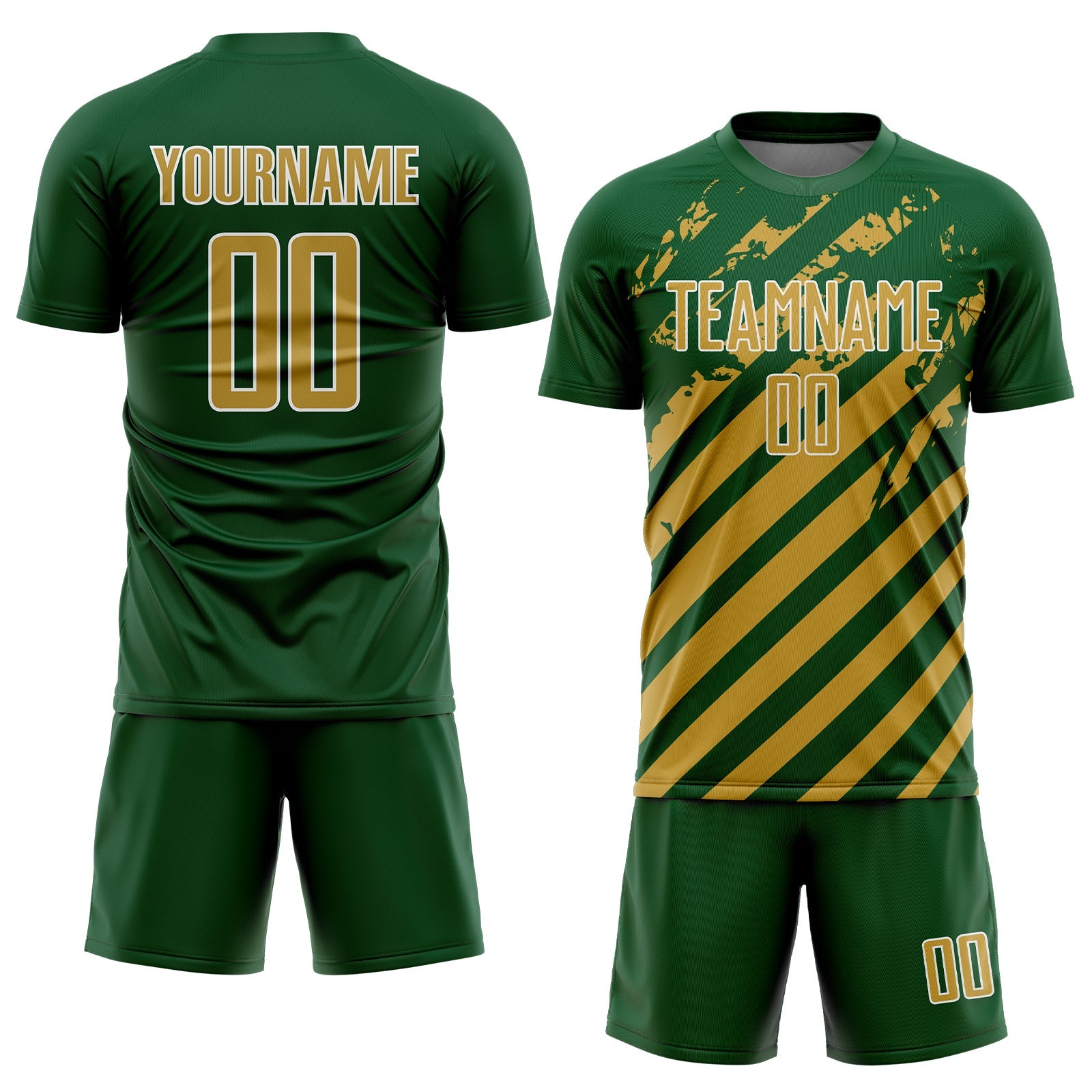 Custom Green Old Gold-White Distressed Diagonal Stripe Pattern Sports Sublimation Soccer Uniform Jersey view 2