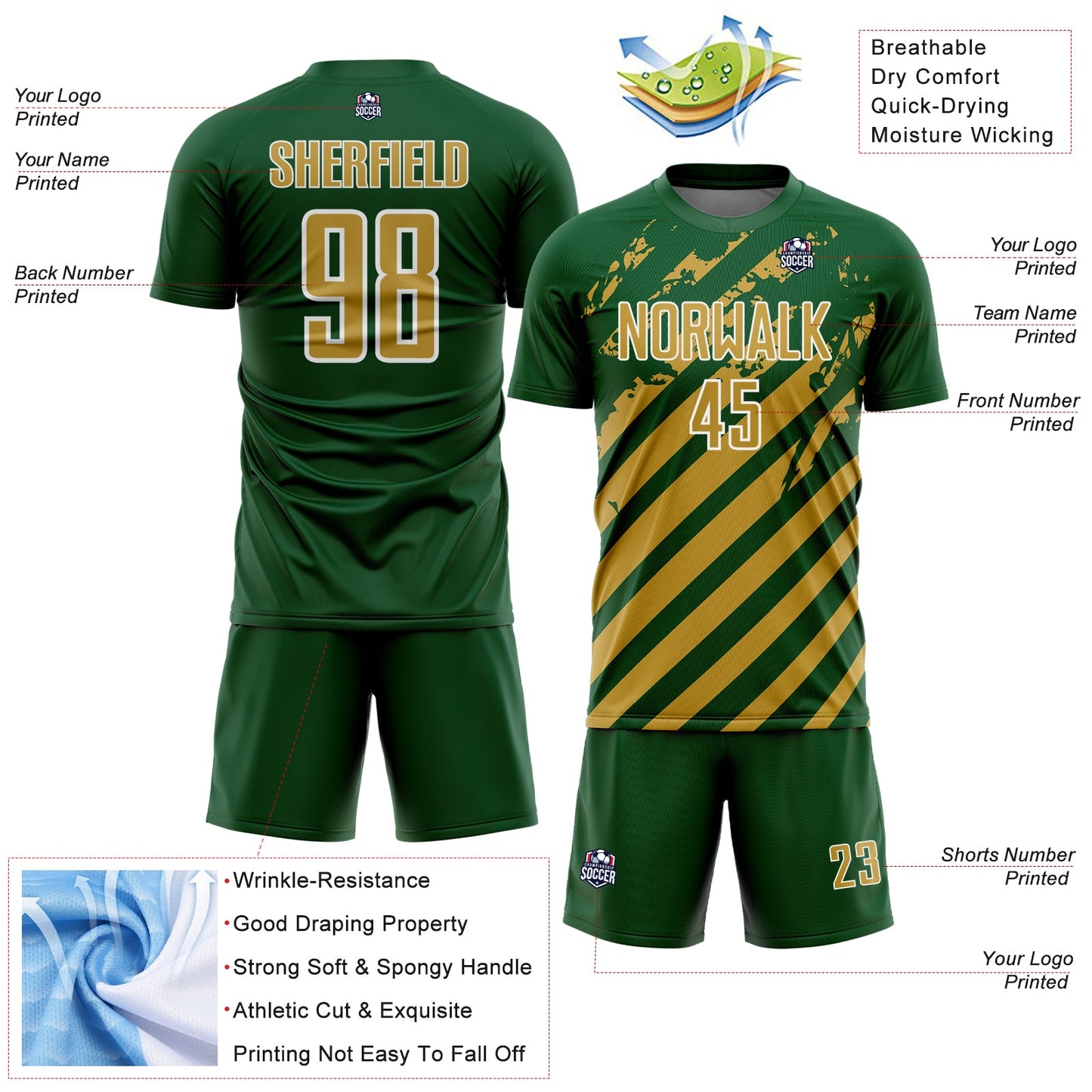 Custom Green Old Gold-White Distressed Diagonal Stripe Pattern Sports Sublimation Soccer Uniform Jersey view 4