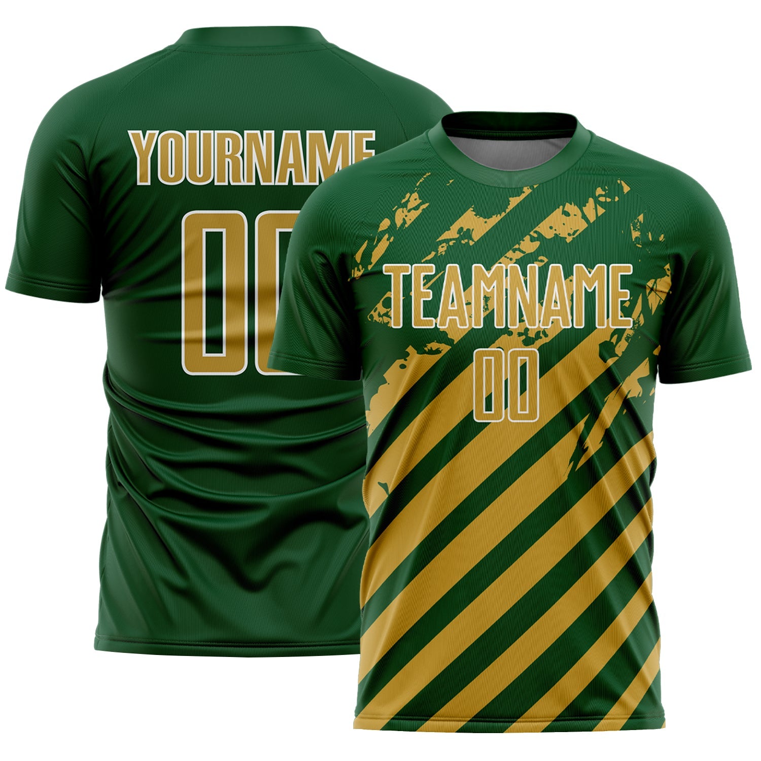 Custom Green Old Gold-White Distressed Diagonal Stripe Pattern Sports Sublimation Soccer Uniform Jersey - Main View