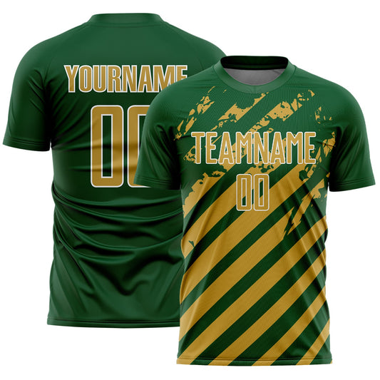 Custom Green Old Gold-White Distressed Diagonal Stripe Pattern Sports Sublimation Soccer Uniform Jersey - Main View