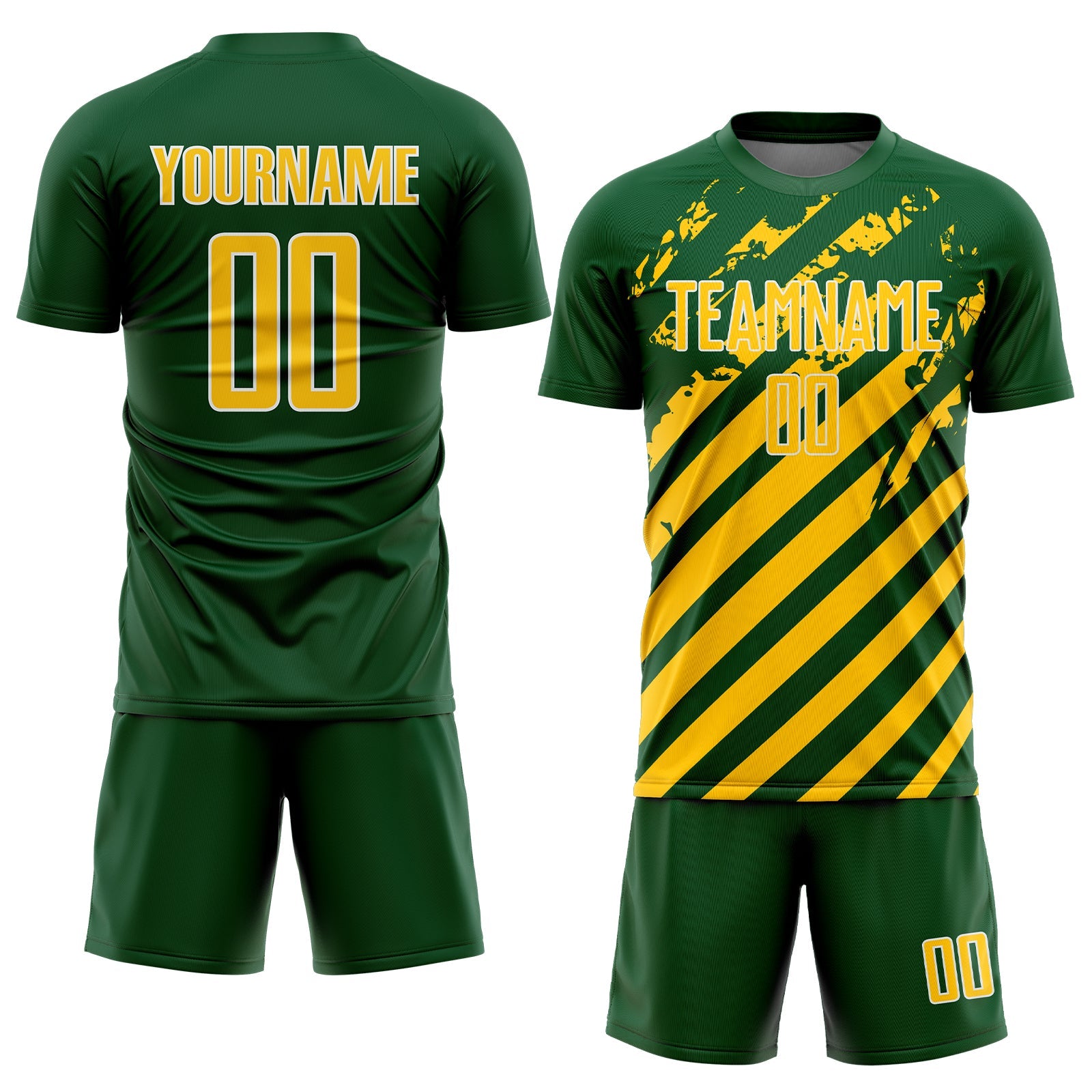 Custom Green Yellow-White Distressed Diagonal Stripe Pattern Sports Sublimation Soccer Uniform Jersey view 2