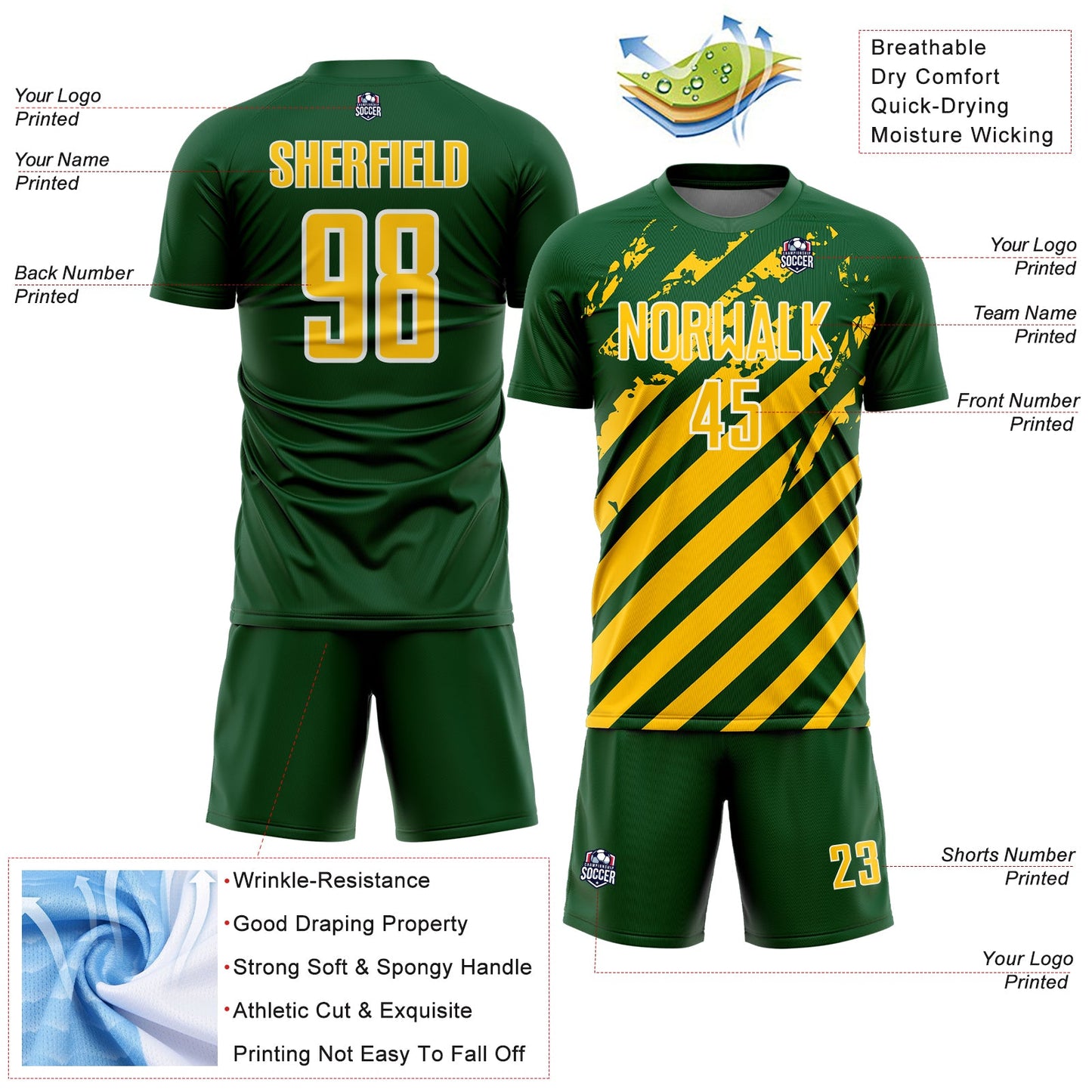 Custom Green Yellow-White Distressed Diagonal Stripe Pattern Sports Sublimation Soccer Uniform Jersey view 4
